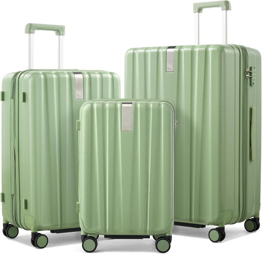 Hanke Expandable Hardshell Luggage Sets 3 Piece Extra Large Suitcases with Lock,28 Inch Luggage with Spinner Wheels, PC Travel Suitcase for Women Men 20 24 29Inch,Bamboo Green