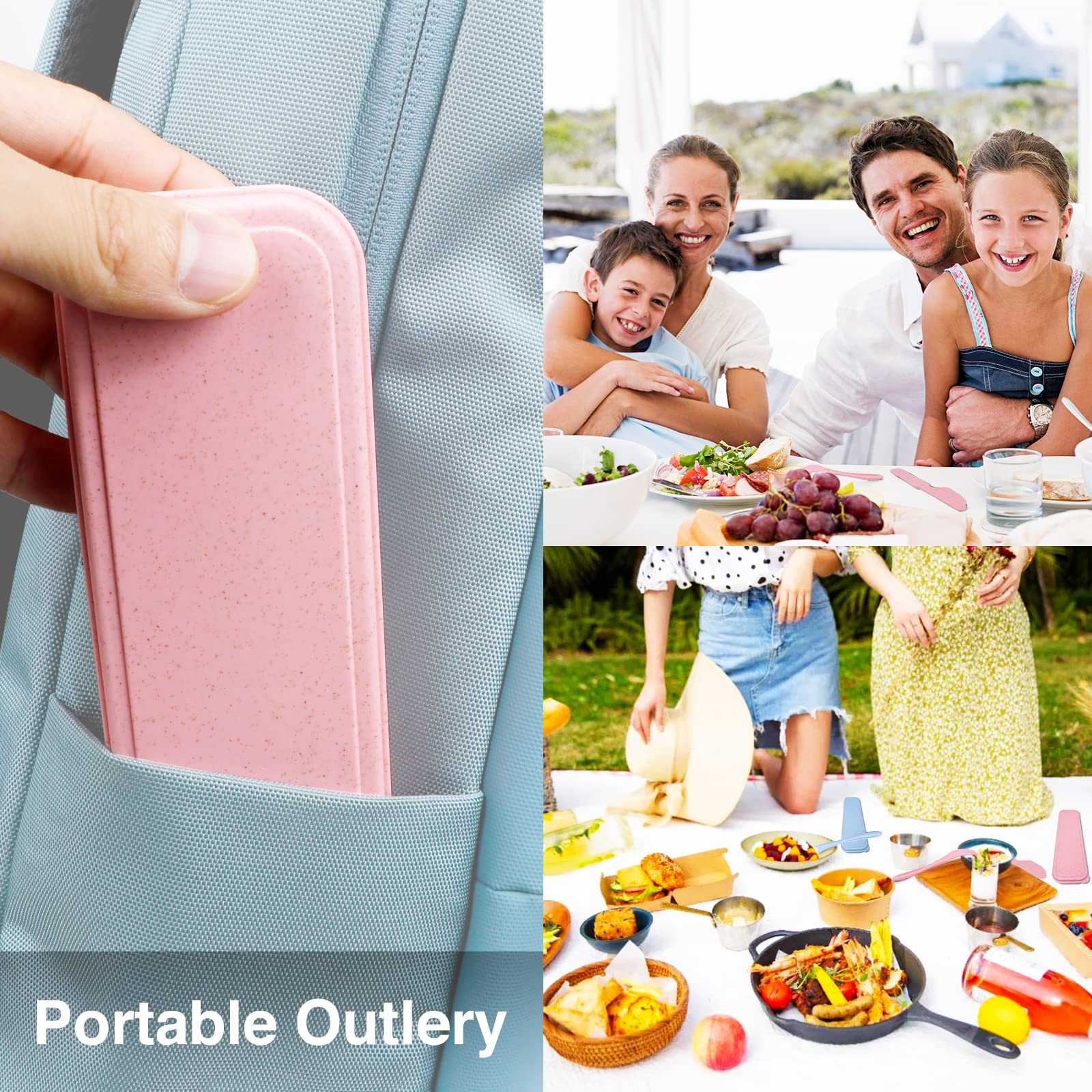 Reusable Travel Utensils Set with Case, 4 Sets Wheat Straw Portable Knife Fork Spoons Tableware