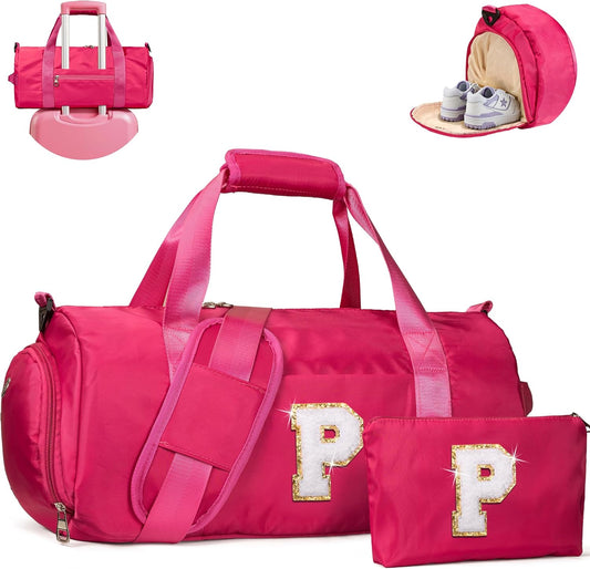 Trendy Stuff for Tweens, Girls Travel Duffel Bag, Kids Initial Overnight Bags with Shoe Compartment, Customized Sport Gym Weekender Bag with Makeup Pouch, Birthday Gift for Teens (Letter P)