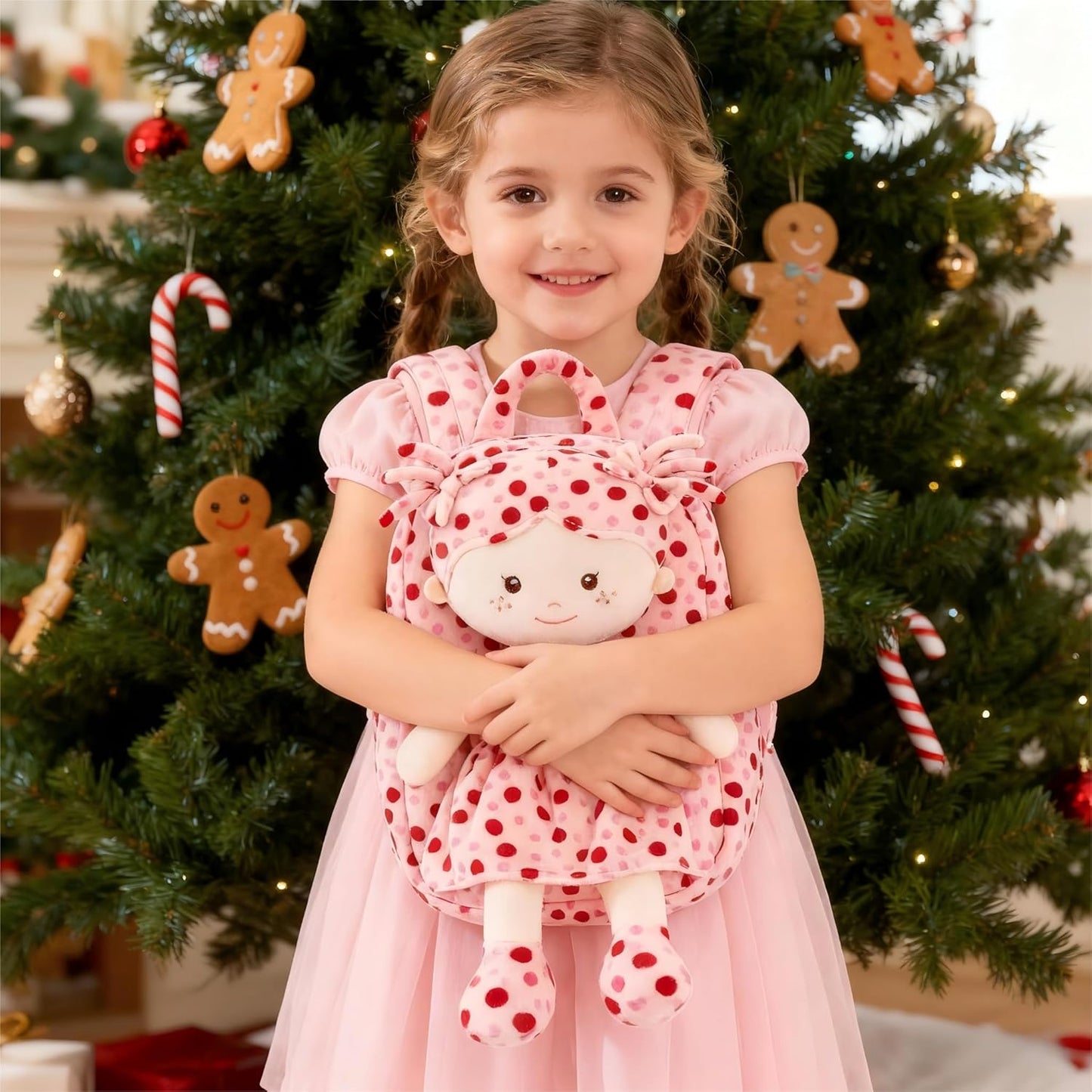 Onetoo Toddler Backpack Back to School Gifts for Girls Plush Backpack Kids Backpacks with Soft Light Baby Dolls in Red Polka Dots Dress 9"