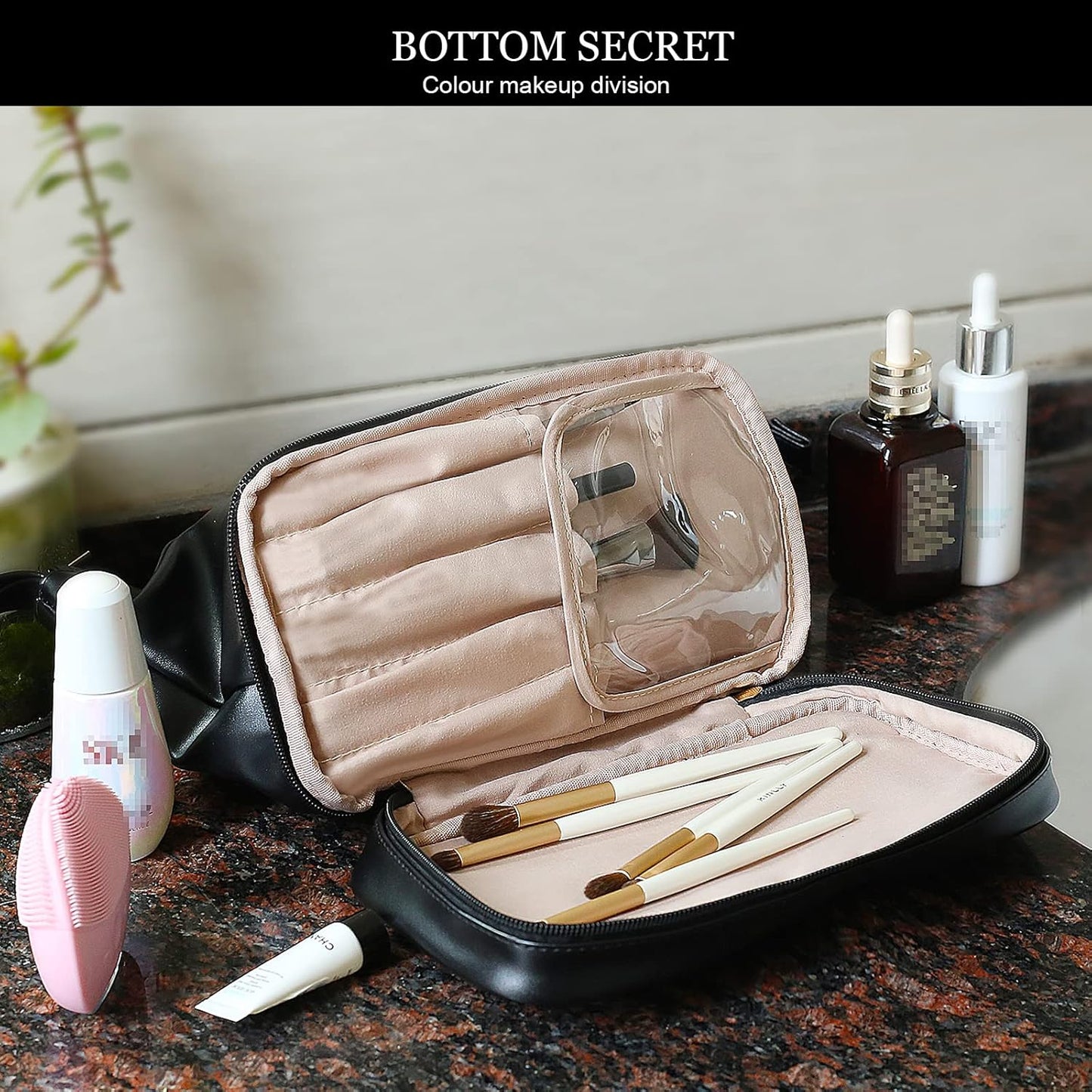 Abiudeng Large Capacity Makeup Bag Ladies Cosmetic Bag Travel Bag with Compartments Portable PU