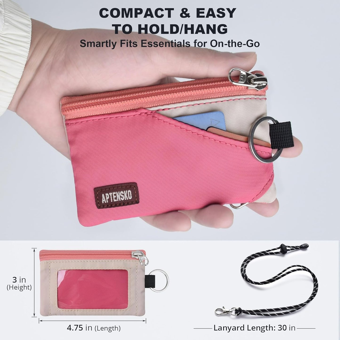 RFID Travel Wallet with Adjustable Lanyard-Zipper Small Wallet with ID Card Holder, Keychain for women&men-Minimalist Slim Waterproof Nylon case for ID, Cash, Key (Pink+Almond)