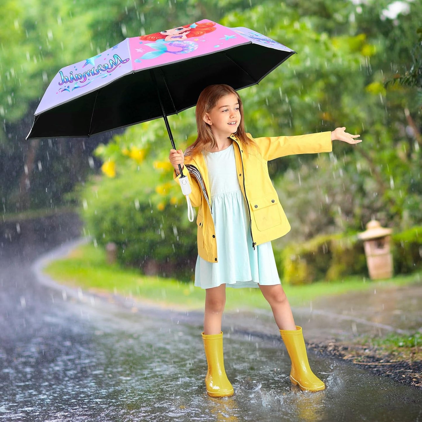 Autoamtic Kids Umbrella UV Resistant, Folding Compact Umbrella 360° Reflective Strip for Travel Outdoor, Lightweight Cute Kids Parasol Anti-rebound Safe for Toddler