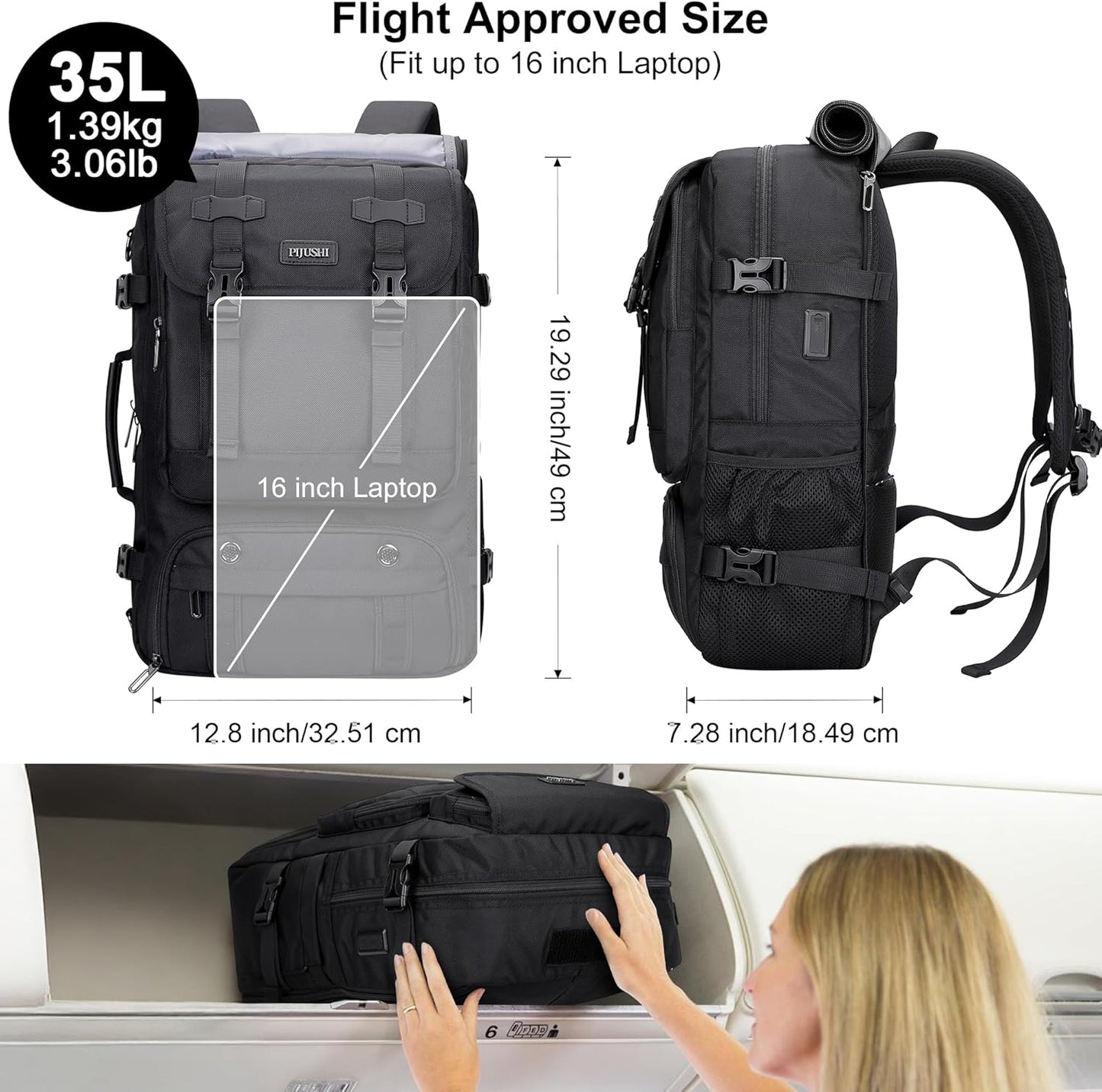 PIJUSHI Travel Backpack for Women Men Carry on Luggage Backpack Flight Approved Convertible Duffle Bag Fit 16 Inch Laptop(PE037 Black)