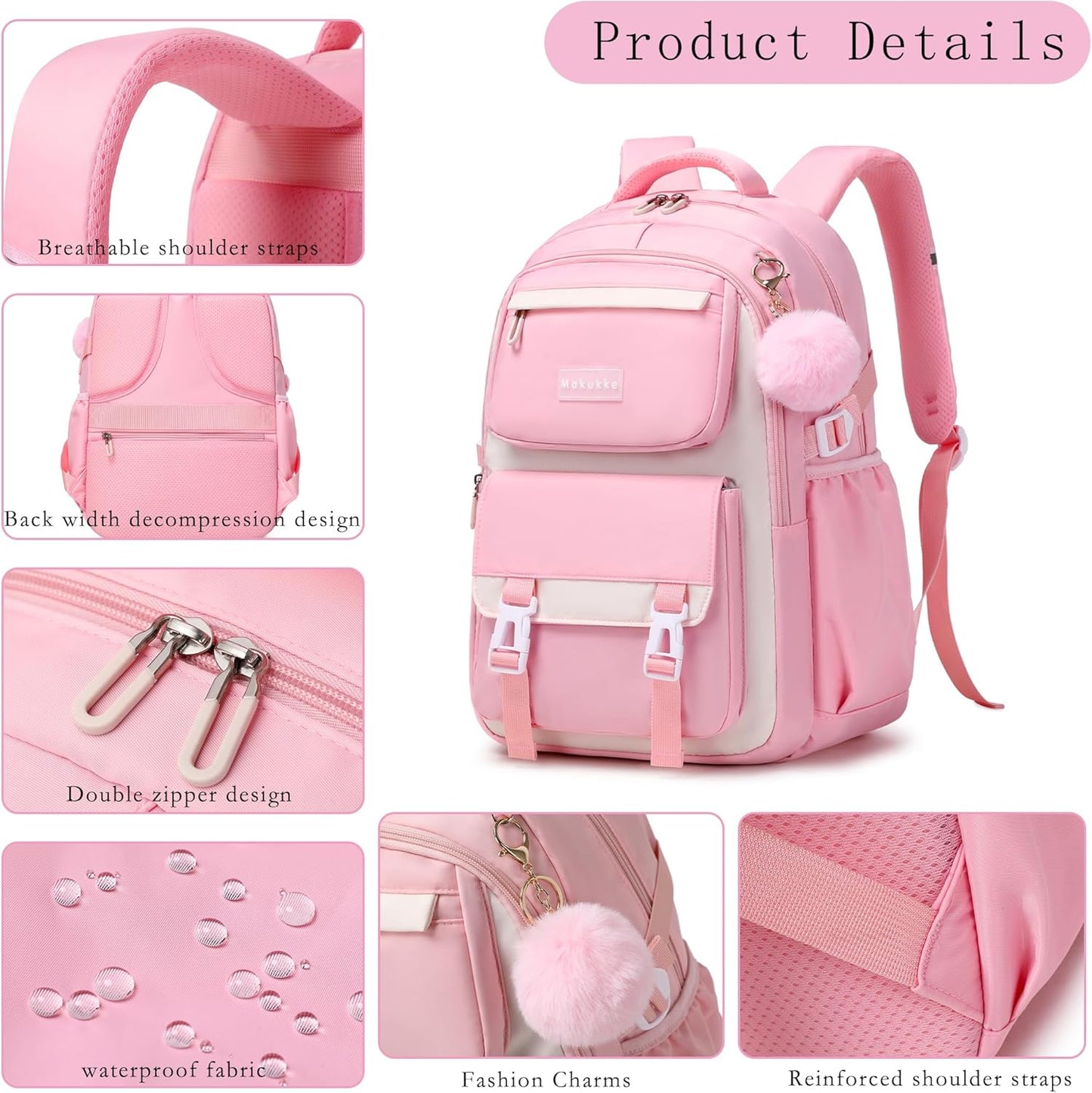 Makukke School Backpack for Girls Book Bag Set, School Bag for Teens Girls Kid Children Elementary