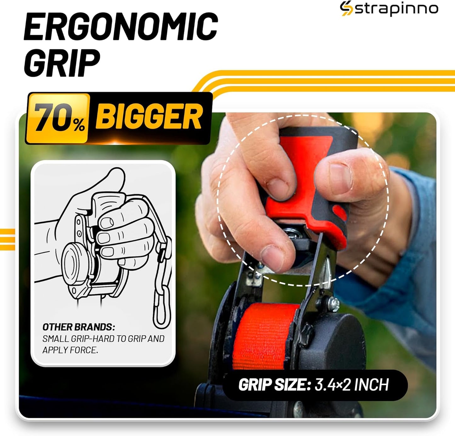 Strapinno Retractable Ratchet Straps 1 in x 10 ft, Secure Tie-Downs with Rubber-Coated Steel Handles, for Motorcycle, Jetski, Kayak, Breaking Strength 1,500LBS/680KG (Red Strap, Black Coated)