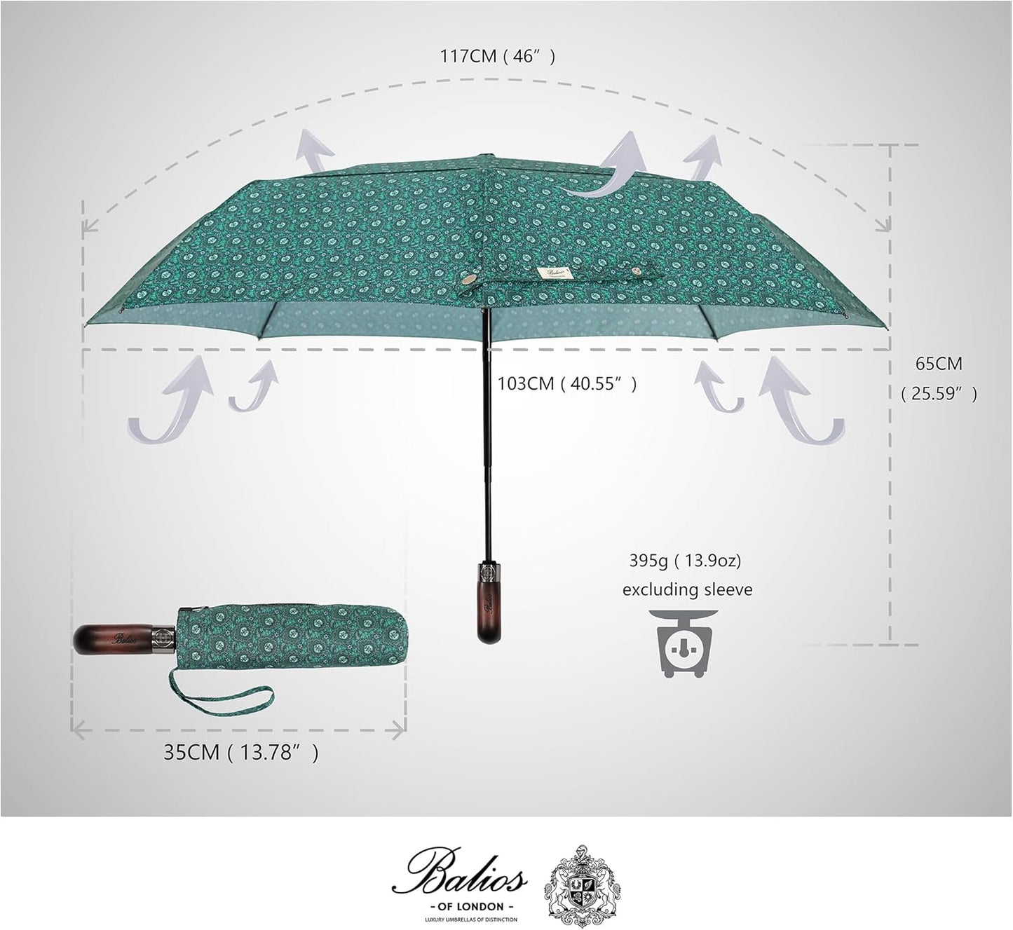 Balios Travel Folding Umbrella with Real Wood Handle Auto Open Close Vented Windproof Canopy