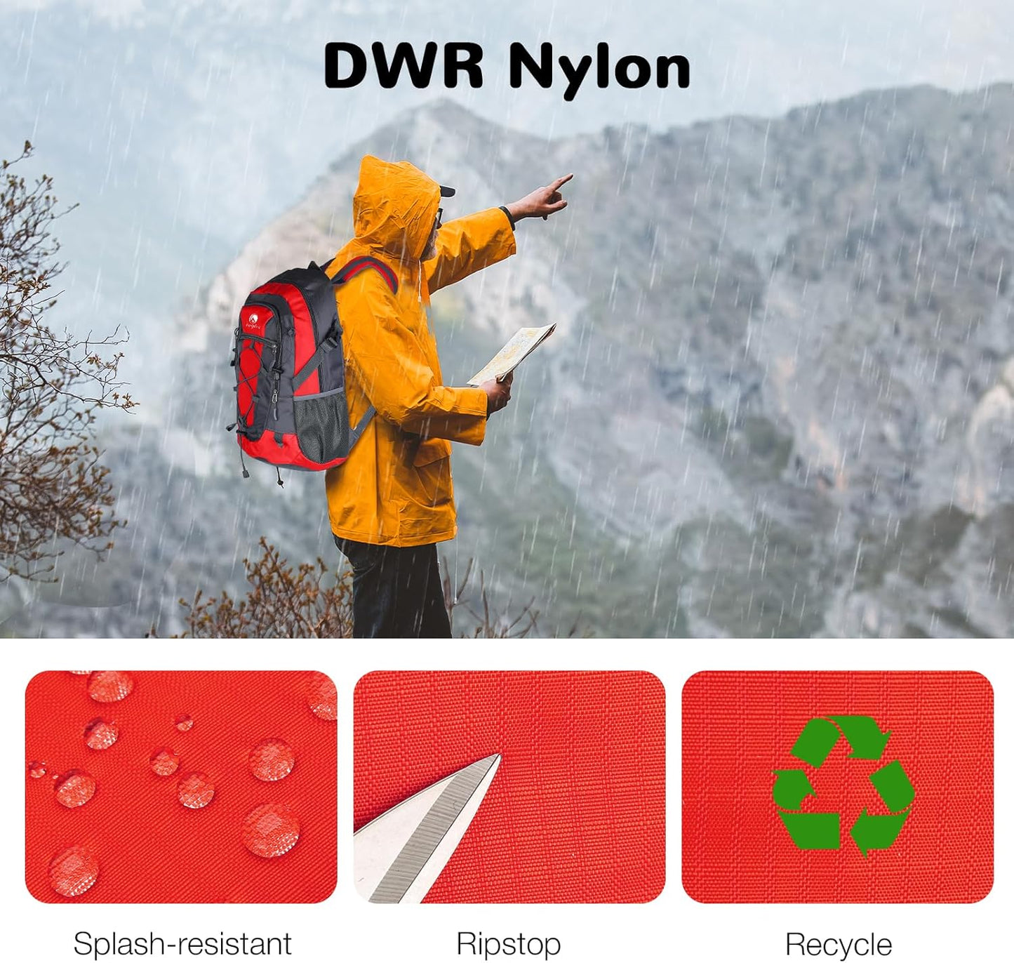 25L Small Waterproof Hiking Backpack Day Pack for Men Women, Lightweight Travel Backpack with Padded Straps, Red
