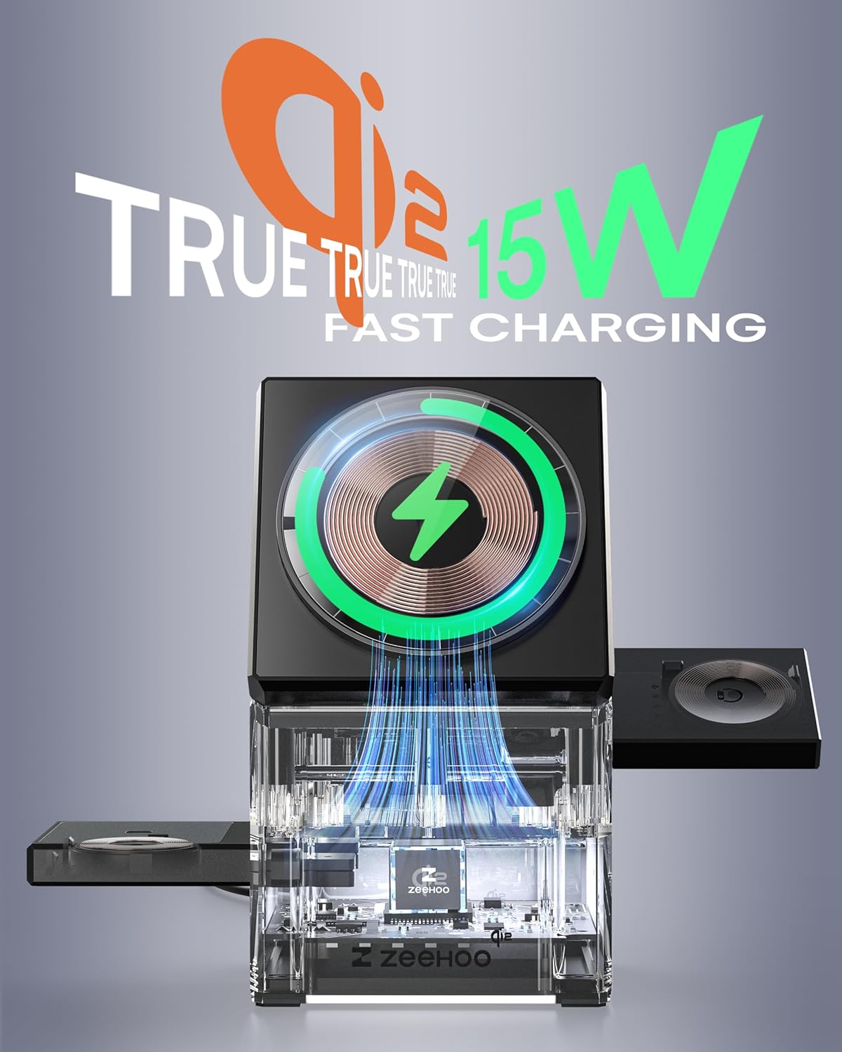 ZEEHOO iPhone Charging Station, 3 in 1 Charging Station for Apple MagSafe Charger, Qi2 Certified, 15W Fast Wireless Charger, for Apple Watch, for iPhone 17 16 15,14,13,12 Series, AirPods (Black)
