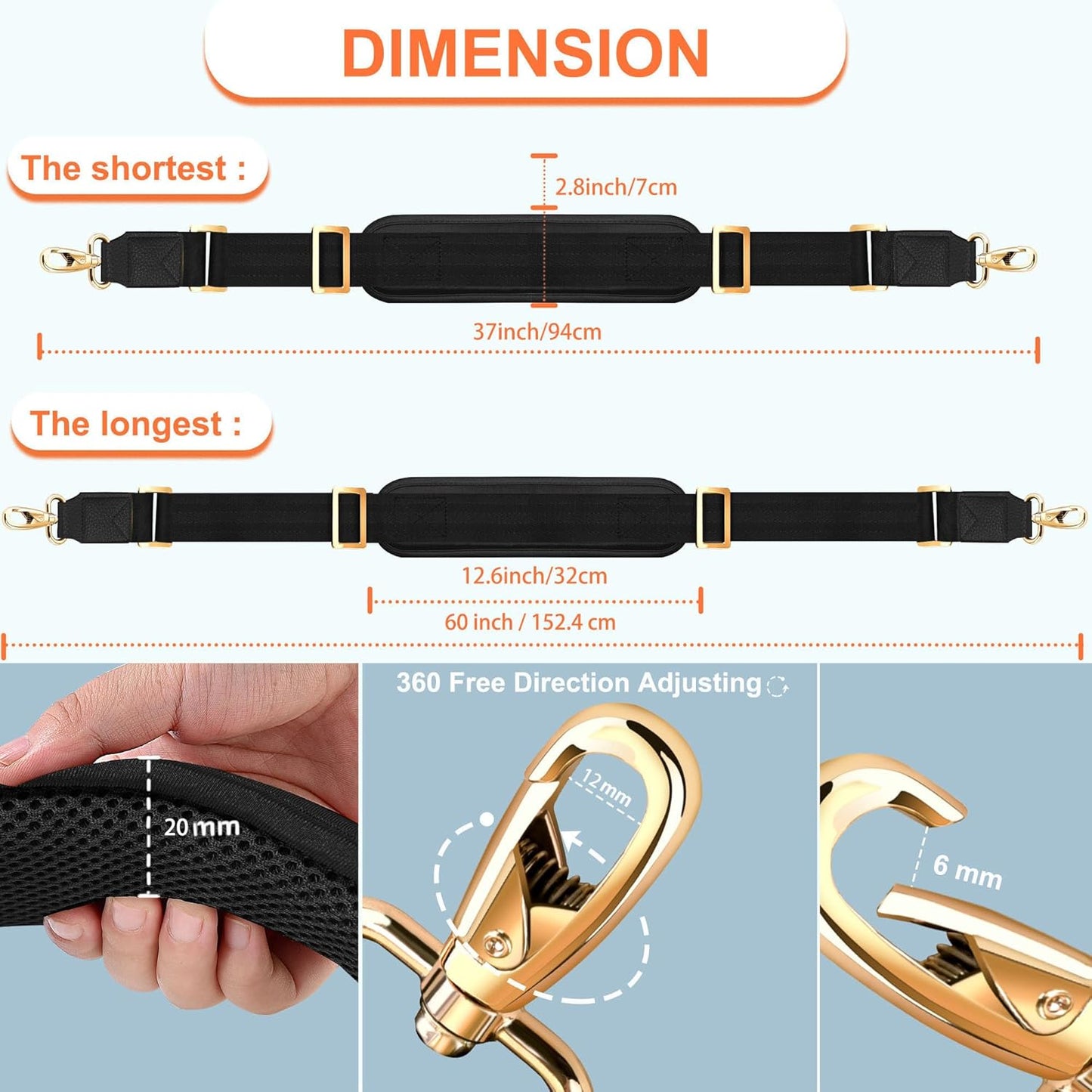 ZINZ 60" Universal Bag Strap with Ultra-Thick Fixed Breathable Pad Adjustable Heavy-Duty Shoulder Strap for Laptop Bag Crossbody Luggage Gym Bag Camera Bag and More -Black