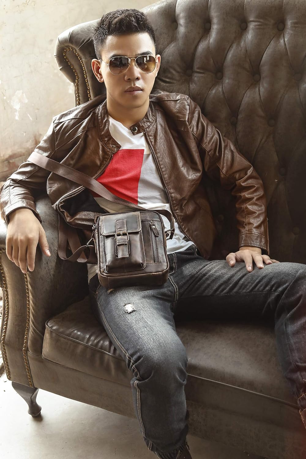 Le'aokuu Men Genuine Quality Leather Casual Small 8" Tablet Messenger Shoulder Satchel Bag 2070