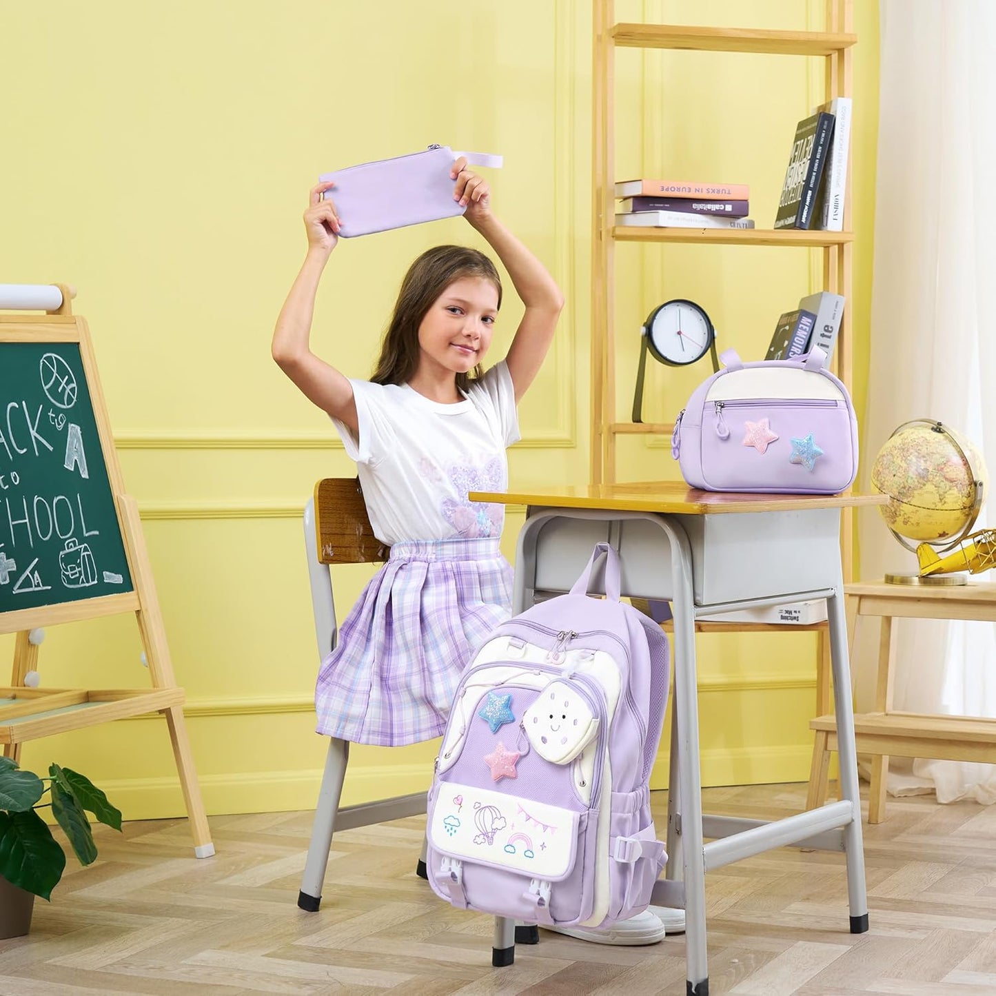 Fimibuke Kids Backpack for Girls, 4 PCS Waterproof Teen Girls Backpack with Lunch Box, Pencil Case & Headphone Bag Set, Cute Kids Bookbag Travel School Bag for Elementary Middle High School Student