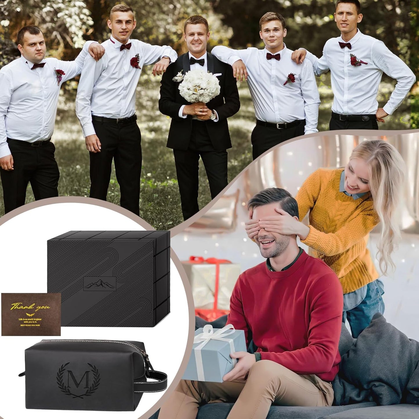 Personalized Gifts Travel Toiletry Bag for Men Engraved Initial PU Leather Waterproof Shaving Bag for Toiletries Accessories Fathers Day Birthday Gift for Men Dad Husband Son, Black R