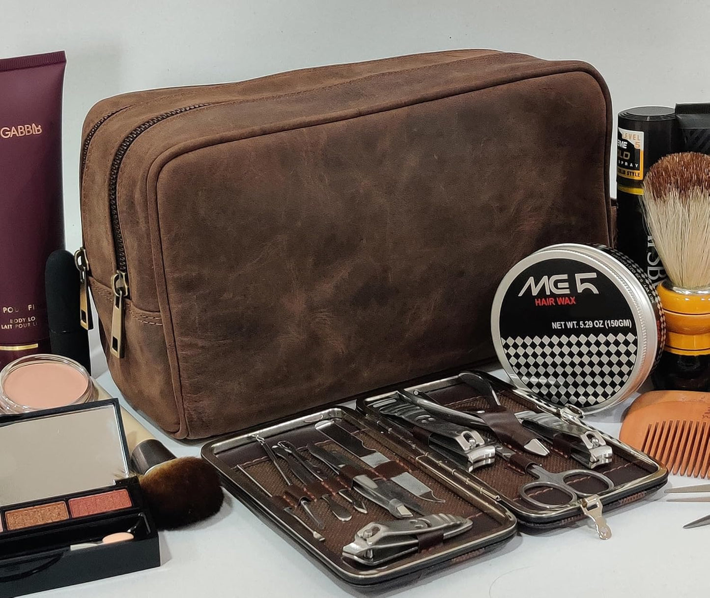 RUSTIC TOWN Full Grain Leather Travel Toiletry Bag - Cosmetic Ditty Kit Organizer (Dark Brown)