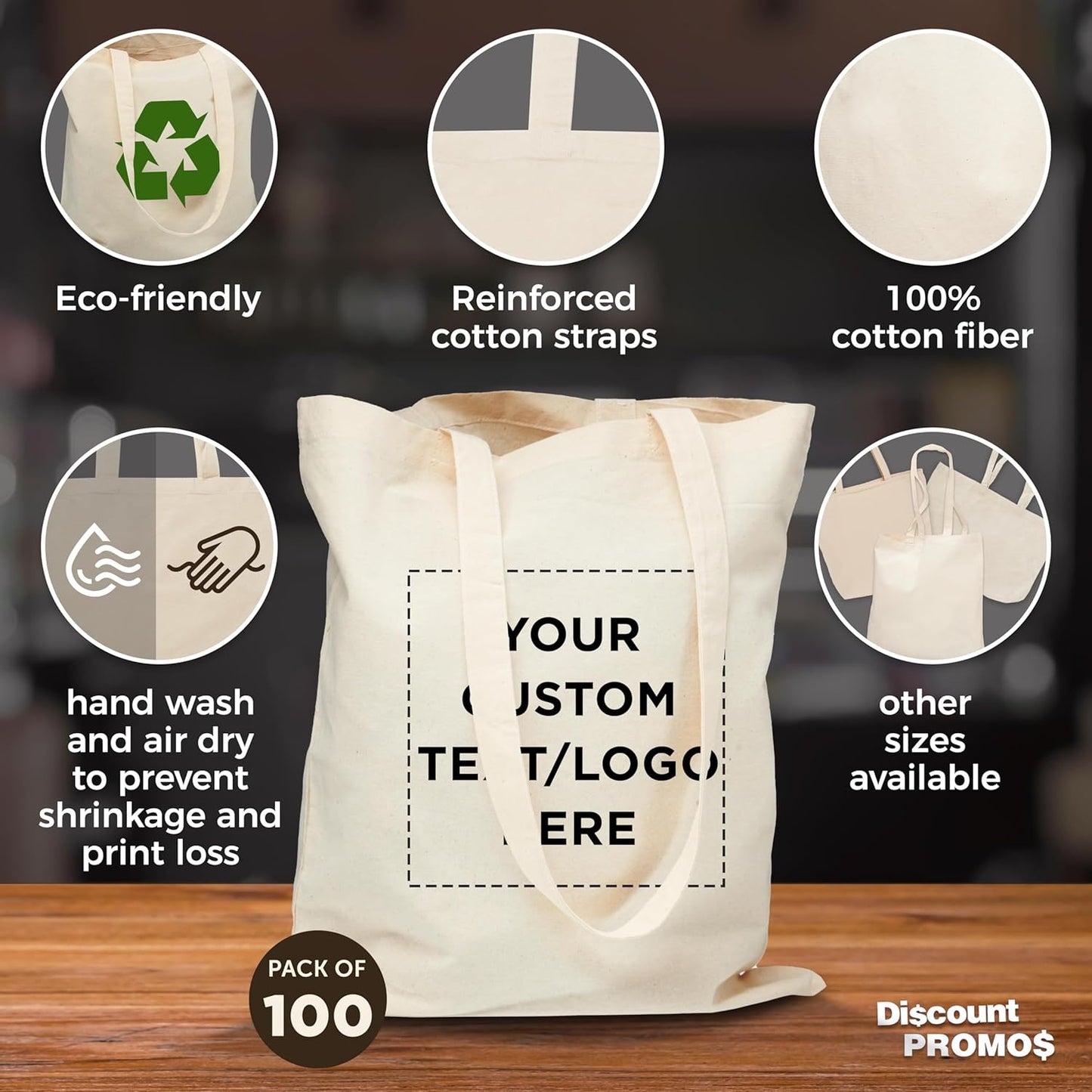 DISCOUNT PROMOS Custom Natural Cotton Fiber Tote Bags (Set of 100) - Personalized, Reusable & Eco-Friendly - Perfect for Grocery, Promotions, Branding - Natural Color, 14.5"X16", 5 OZ Cotton