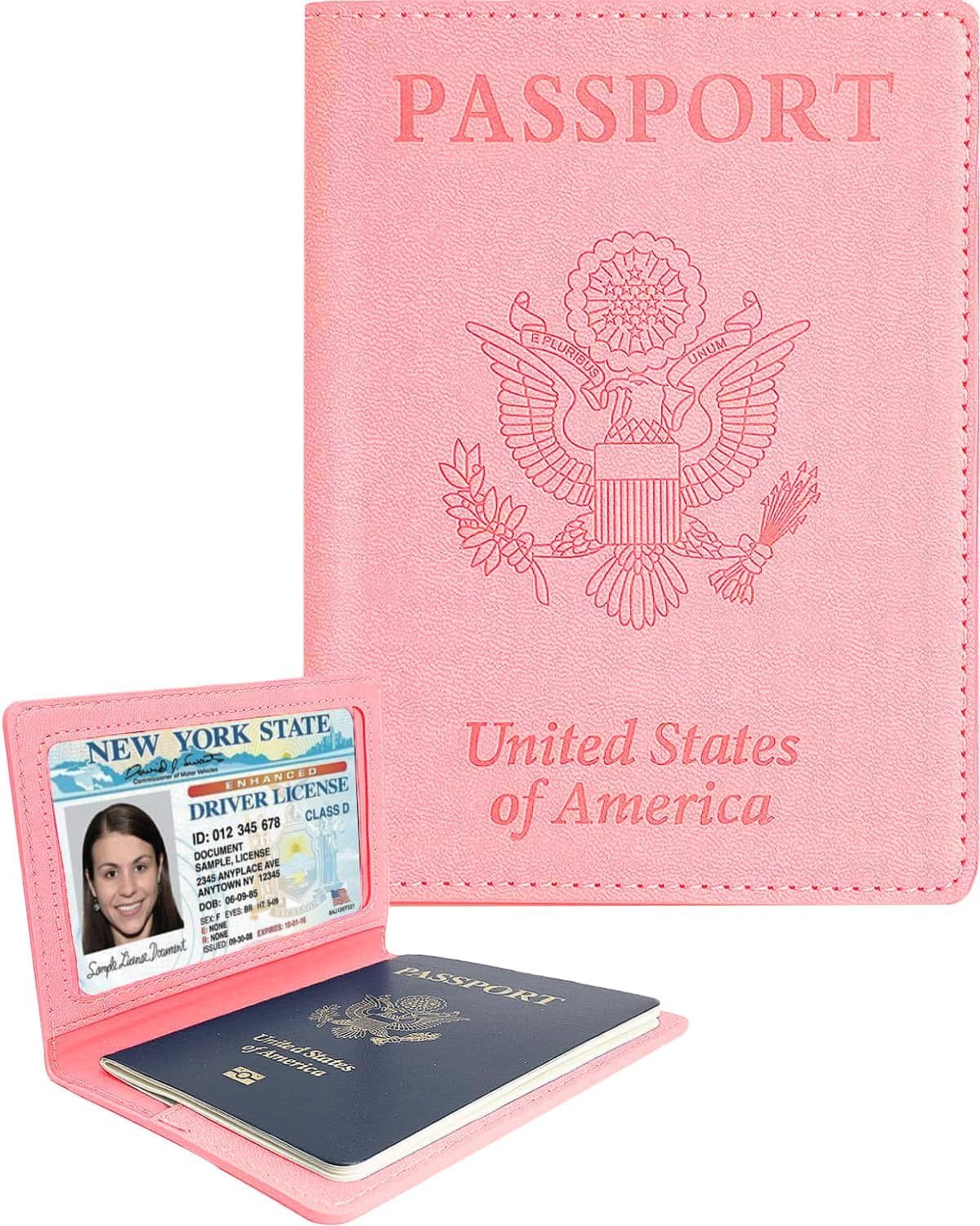 Sizobi Leather Passport Holder Covers, Passport Holder for Travel Women, RFID Blocking Wallet Case, International Travel Must Haves Travel Accessories for Women Men,Cruise Ship Essentials Gifts, Pink