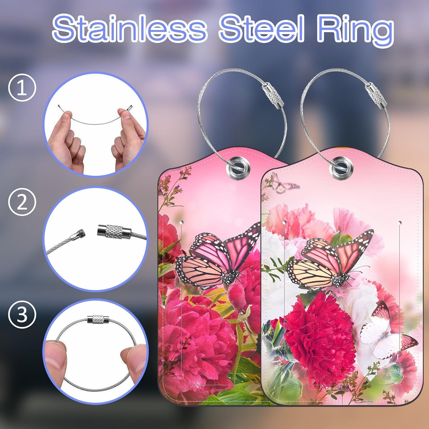 2 Pack Luggage Tags for suitcases Butterfly and Flower Leather Luggage Tag, Identifiers with Privacy Name ID Label and Metal Loop for Men Women Travel Bag Suitcase
