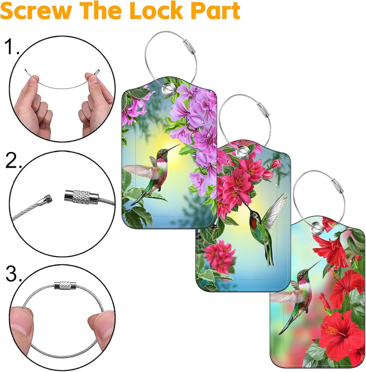3 Pack PU Leather Luggage Tag for Suitcase Hummingbird with Hibiscus Suitcase Tags with Privacy Name ID Label and Stainless Steel Loop for Travel Bag