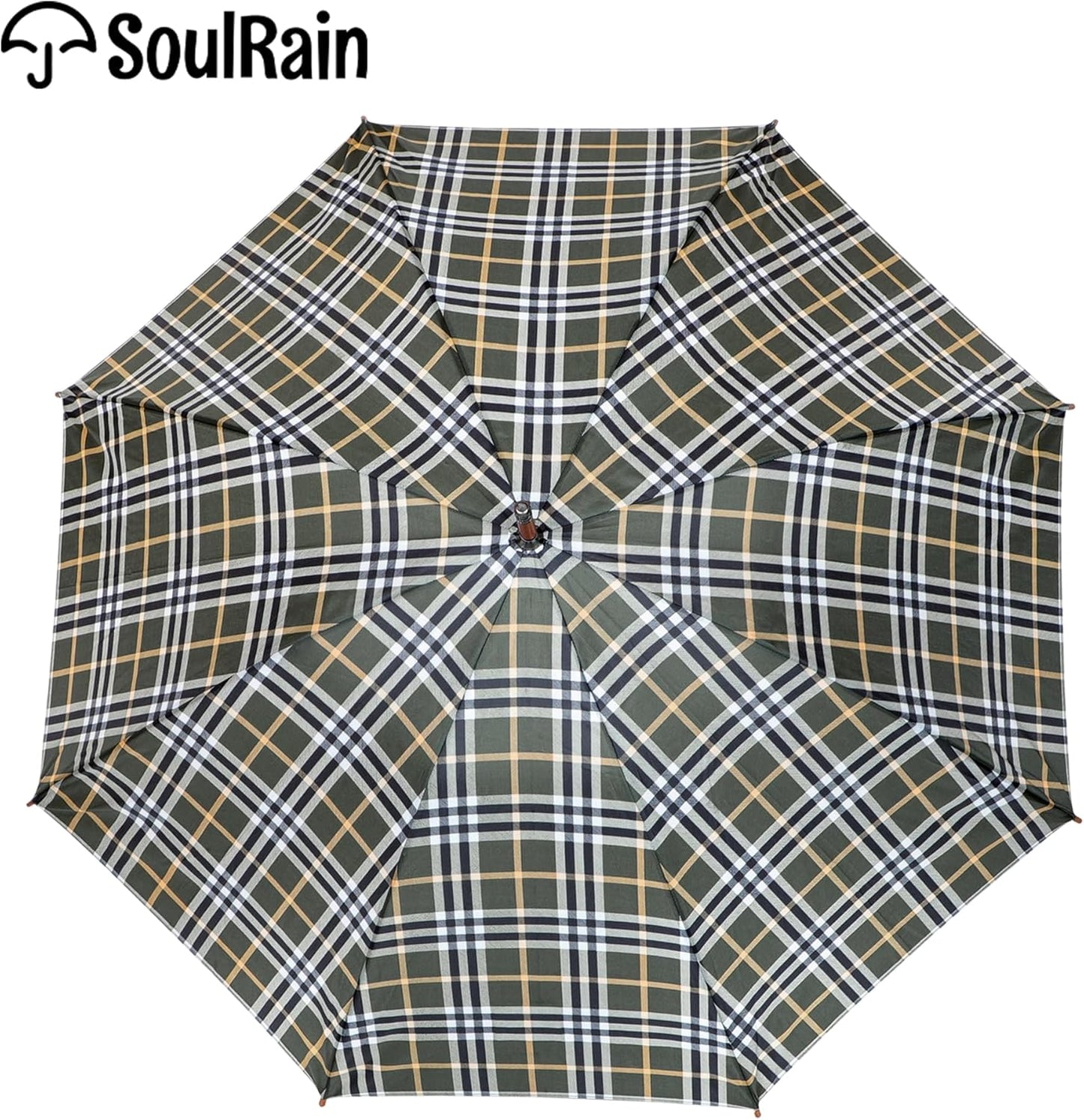 SoulRain 48" Large Umbrella –Windproof Stick Umbrellas for Rain, Automatic Open, Vintage Cane big Umbrella with Classic Wooden Handle,Open for 2 Persons adult,for Women & Men(Green Yellow plaid)