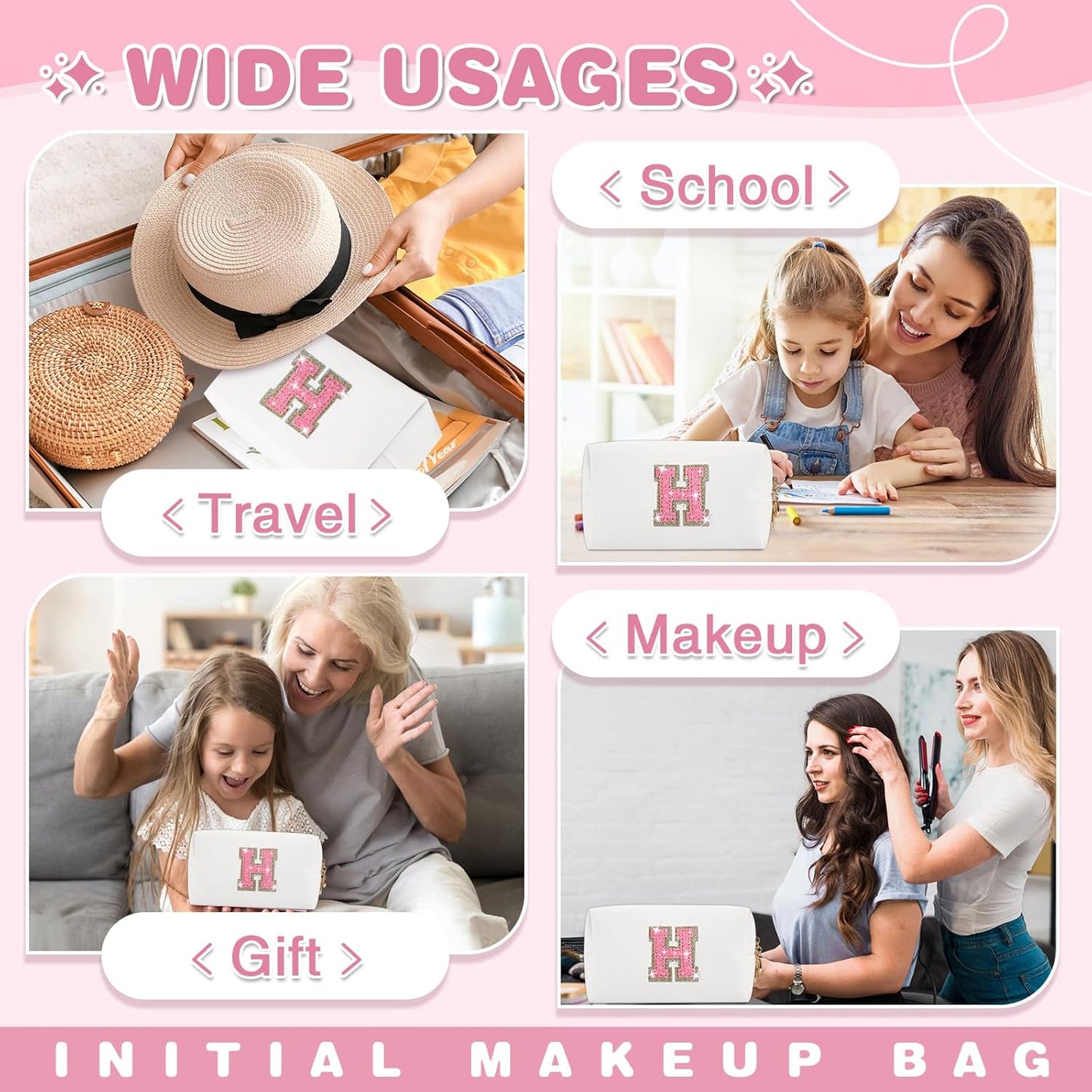 Small Initial Patch Makeup Bag Personalized Gifts Make Up Bag,White Cute PU Leather Glitter Letter Cosmetic Bag with Zipper,Trendy Portable Travel Toiletry Pouch,Preppy Stuff for Teen Girls Women H