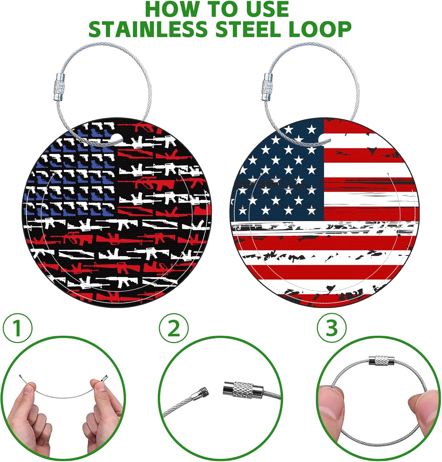 Round Cute Luggage Tags 2 Pack Us Flag Creative Baggage Tags,Cruise Travel Baggage Suitcases Tag with Stainless Steel Loop ID Tag Privacy Flap