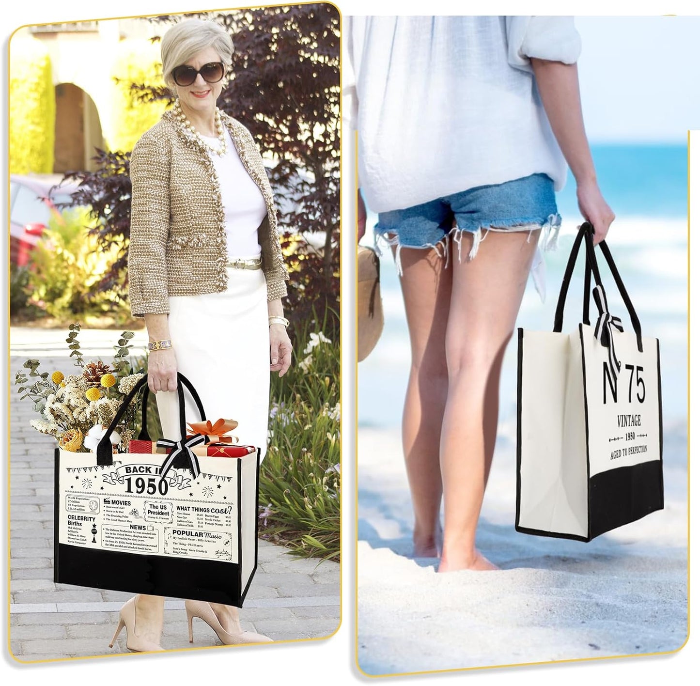 75th Birthday Gifts for Women Canvas Tote Bag Travel Gear,Unique 75 Years Old Gifts for Wife Mom Sister Aunt Friends Her, Vintage N°75 Handbag & Cosmetic Bag & Back in 1950 Poster