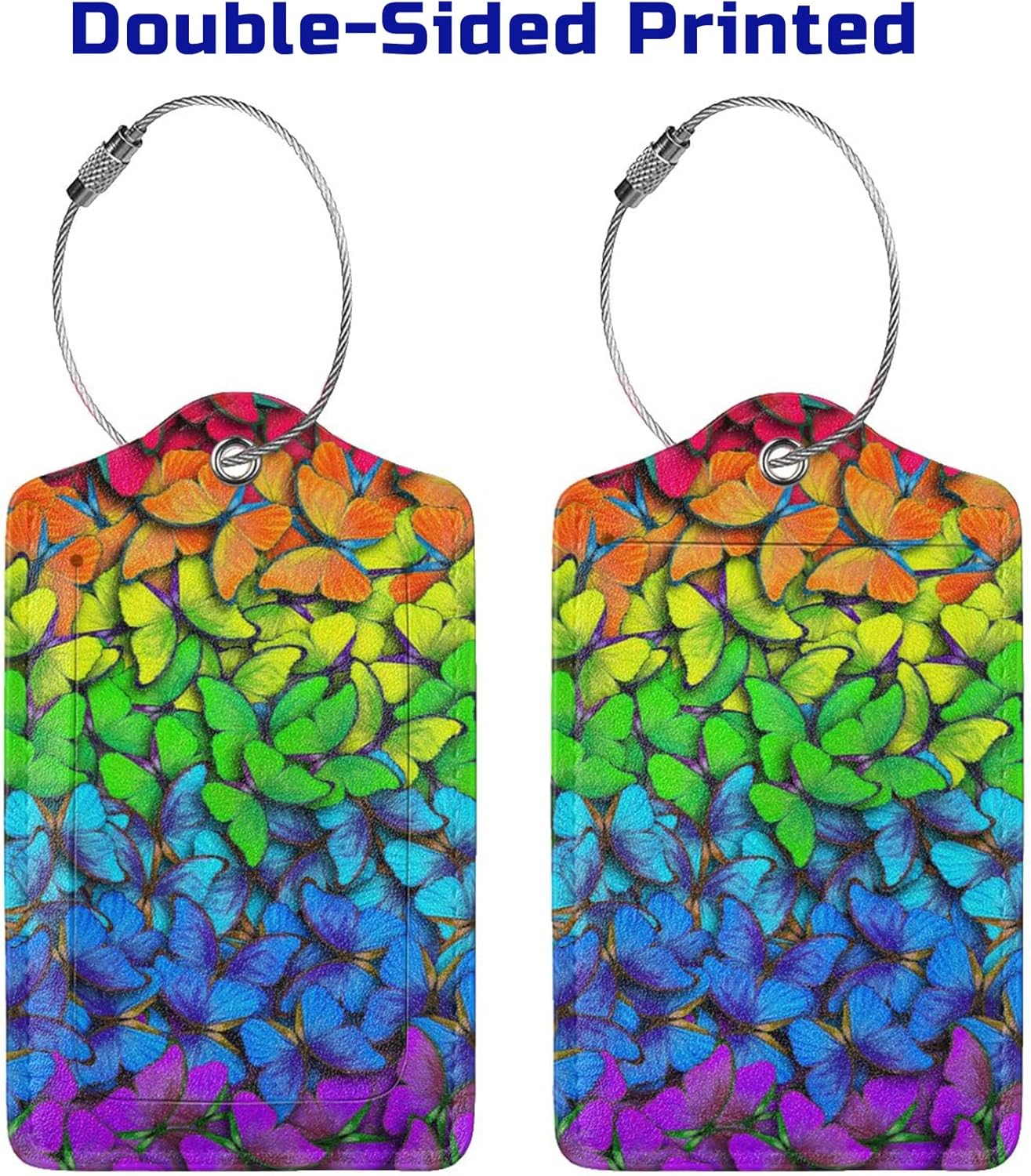 2 Pack Luggage Tag for Suitcases, Colorful Backpack Tag with Beautiful Butterflies Pattern Leather