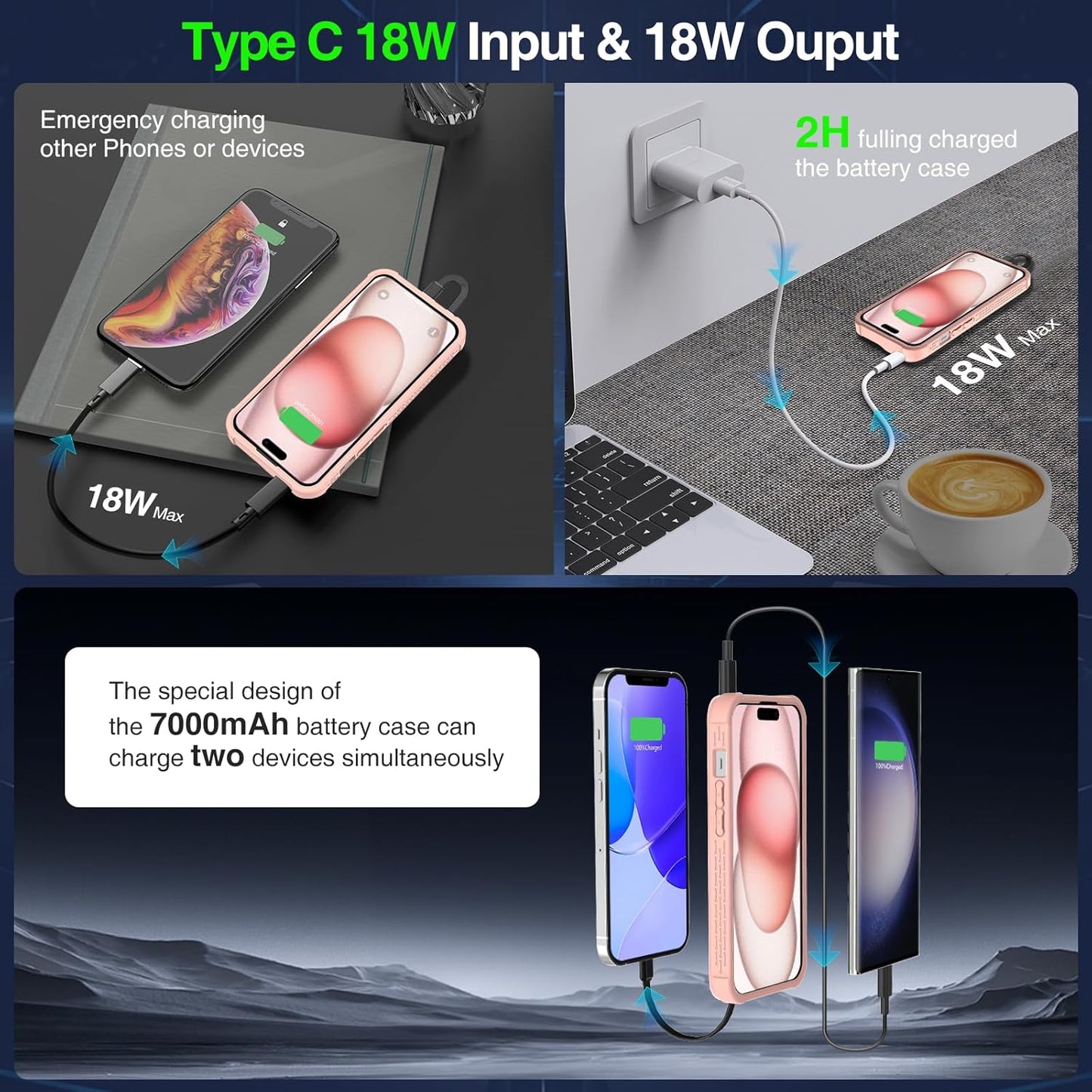 GIN FOXI Fast Charging Battery Case for iPhone 15/15 Pro, 7000mAh 15W Ultra Slim Charger Case Rechargeable Portable Extended Power Bank Case Cover Battery Pack Built-in Cable, Pink (6.1”)