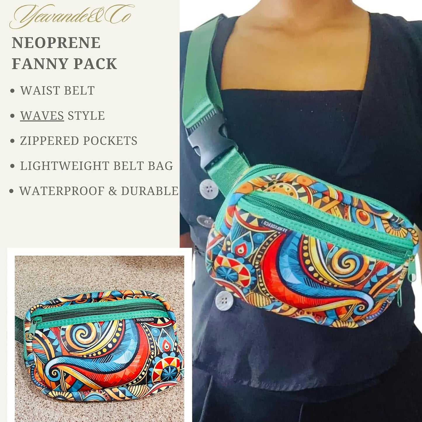 Yewande&co Neoprene Fanny Pack Belt Bag – Lightweight Waterproof Waist Bag with Adjustable Strap, 3 Zippered Pockets, Crossbody Belt Bag for Travel, African Design Crossbody Bags (Waves)