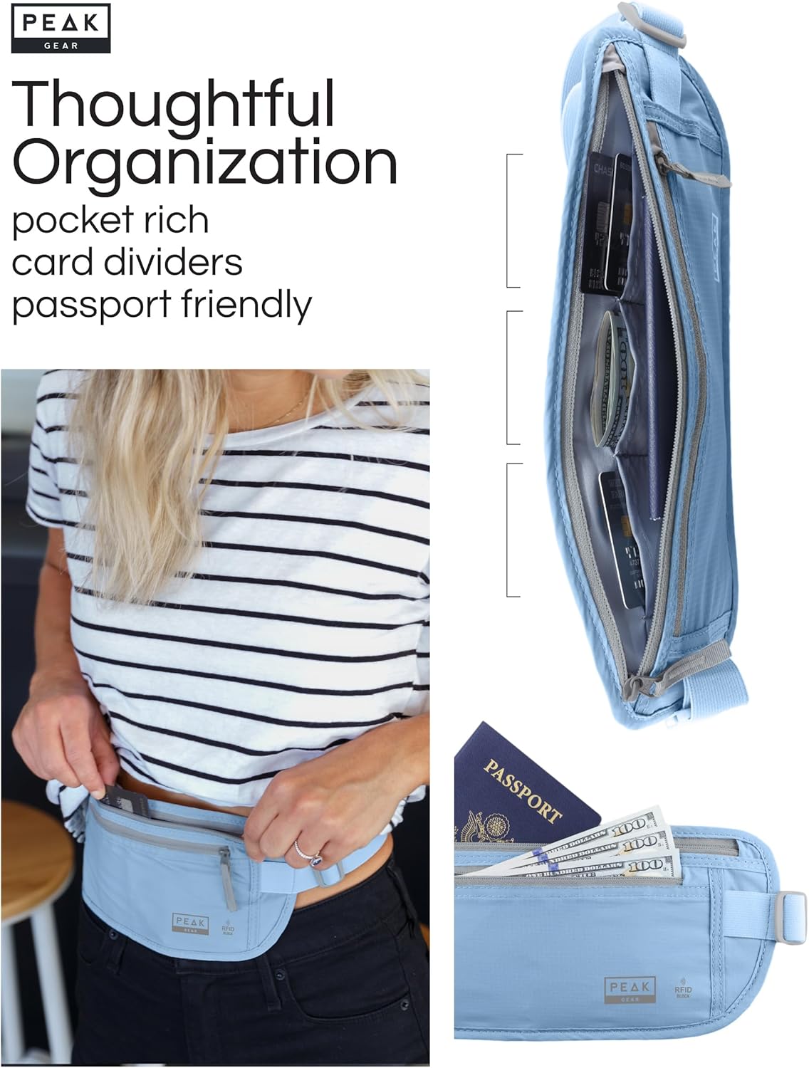 Peak Gear Travel Money Belt. Premium Quality Travel Wallet with RFID Blocking Fabric to Protect
