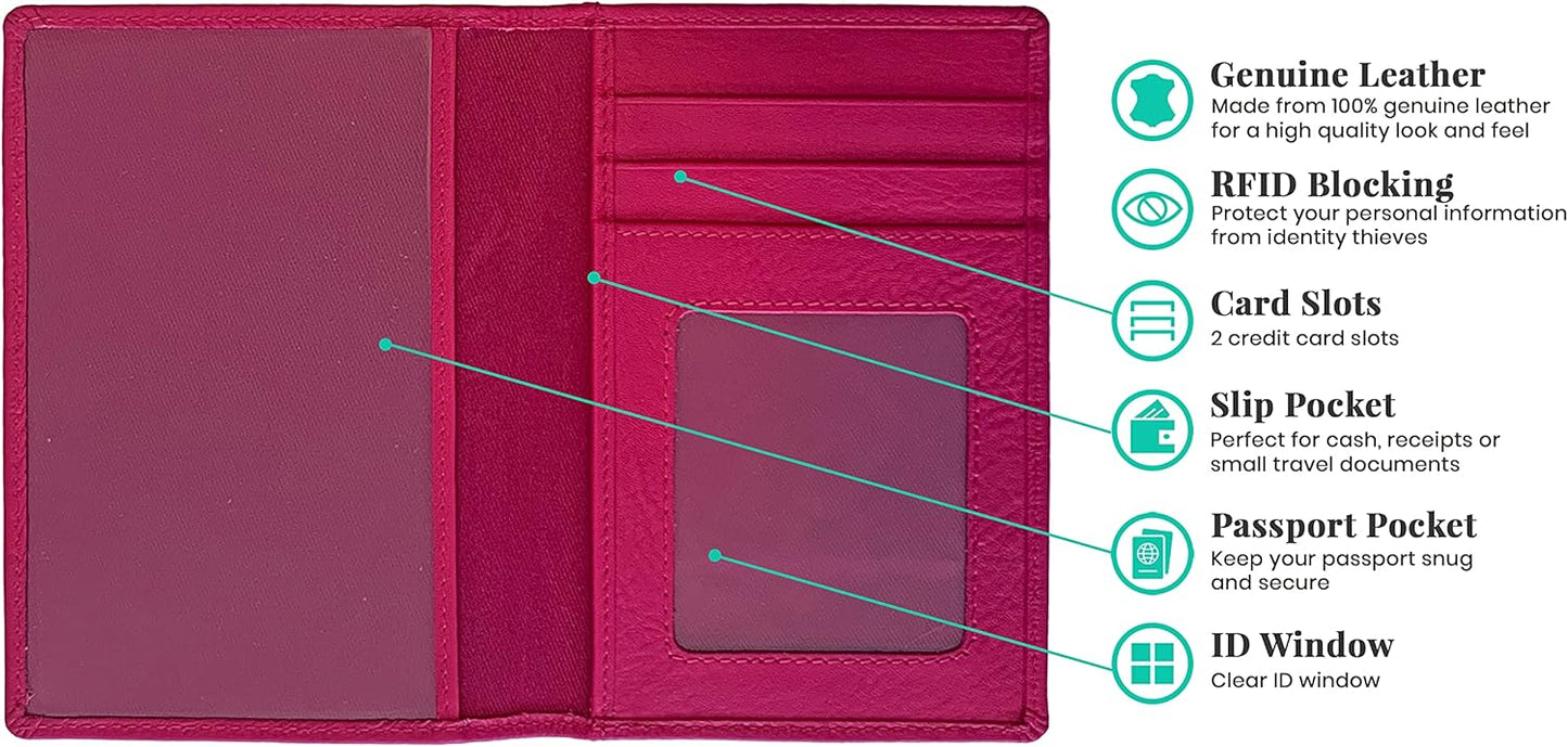 Personalized Monogrammed Bright Pink Leather RFID Passport Wallet and 2 Luggage Tags