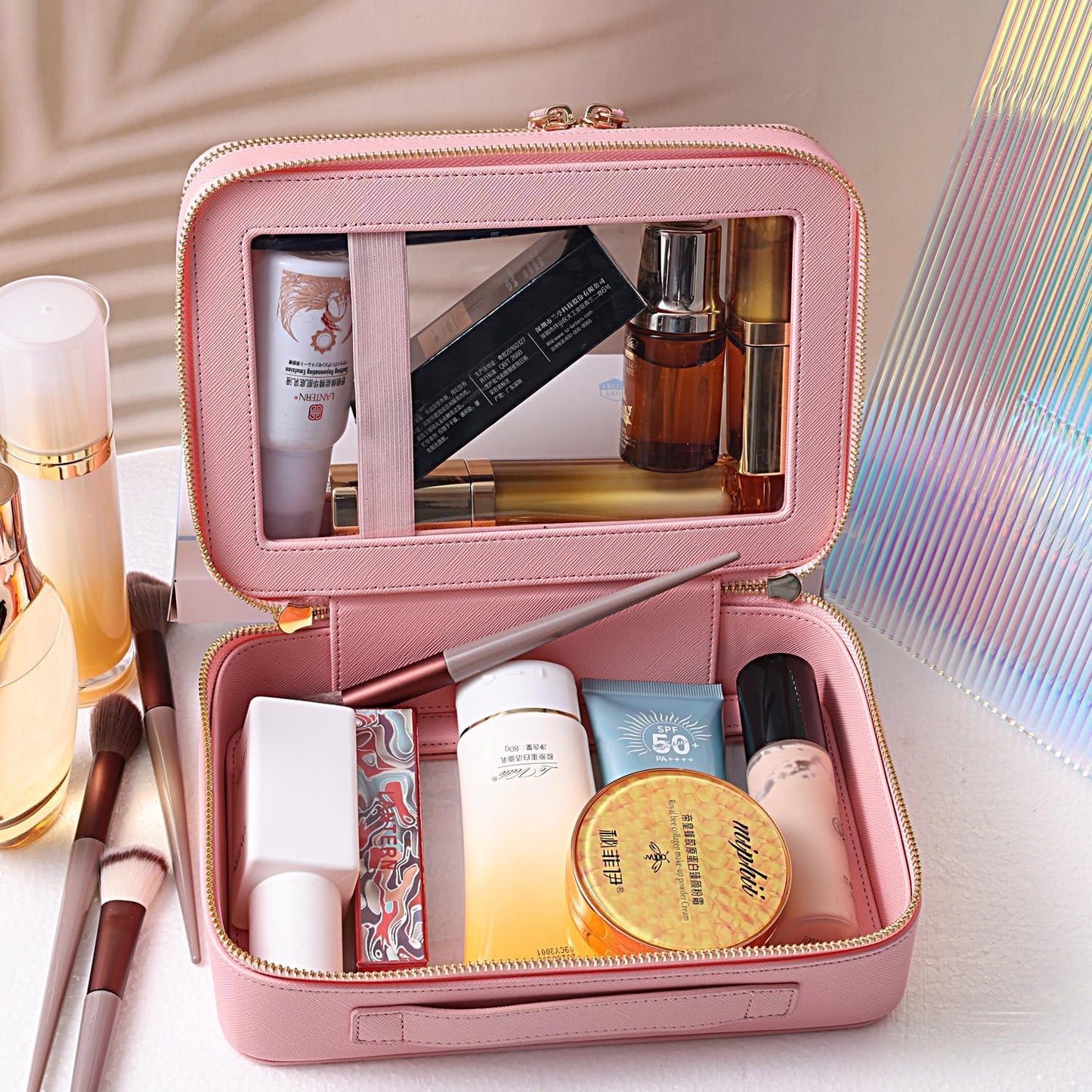 SANHECUN Clear Travel Toiletry bag Toiletry Case Carry on Travel Accessories Bag Makeup Bag Dimensions | LxWxH:9” x 6” x 4.2” (Pink, SHC-TL-2)