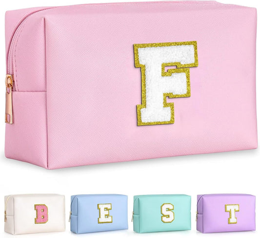 TOPEAST Preppy Makeup Bag, Small Cosmetic Travel Bags for Women, PU Leather Waterproof Toiletry Bag with Zipper, Personalized Birthday Gift for Women Girl, Preppy Gifts for Girl (Pink F)