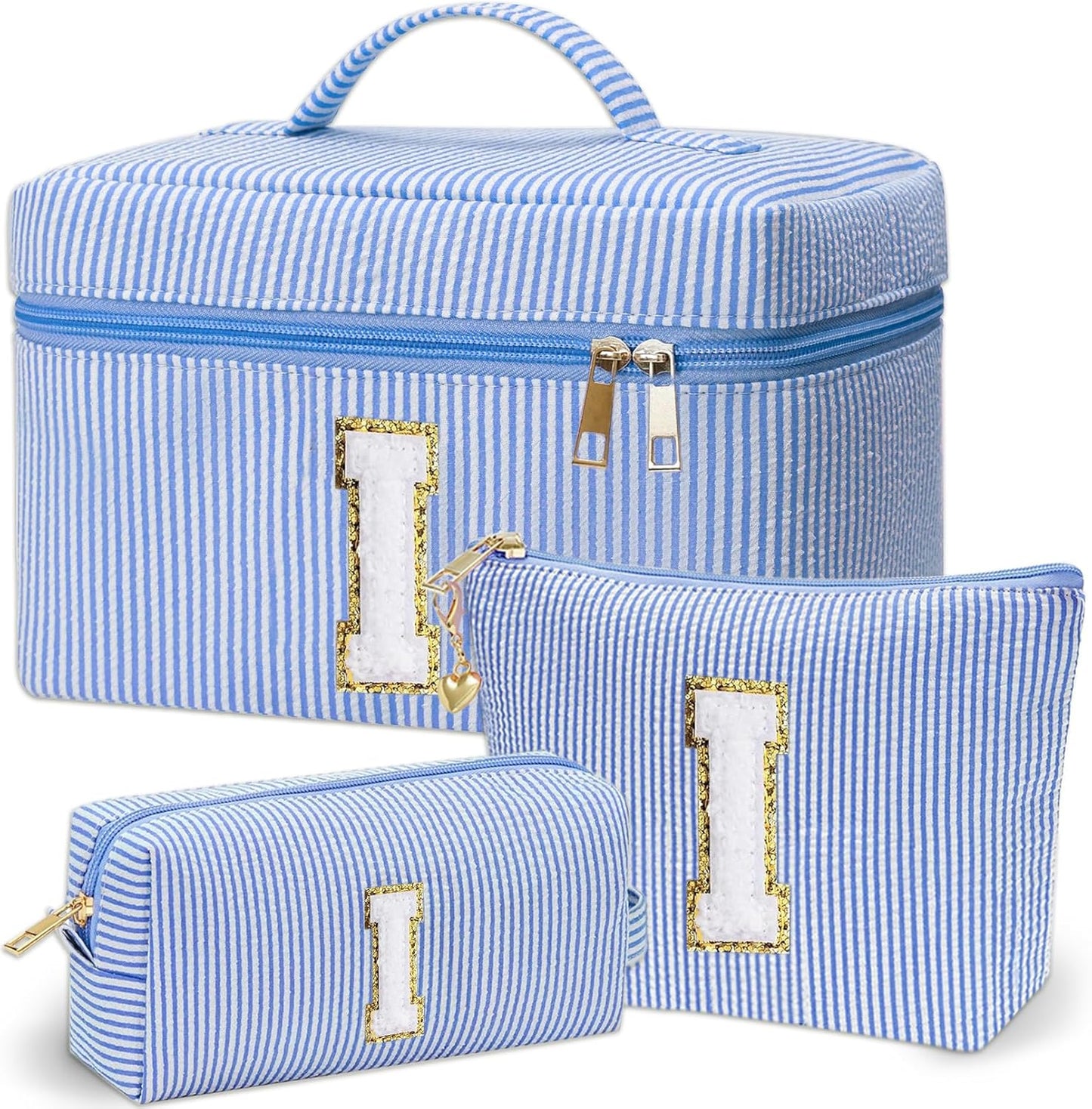Personalized Monogram Makeup Bag, 3PCS Custom Monogrammed Toiletry Cosmetic Bag for 6-18 Teen Girls Women,Birthday Graduation Gifts Initial Pouch Makeup Bags for Women Girls, Make Up Bag (I, Blue)