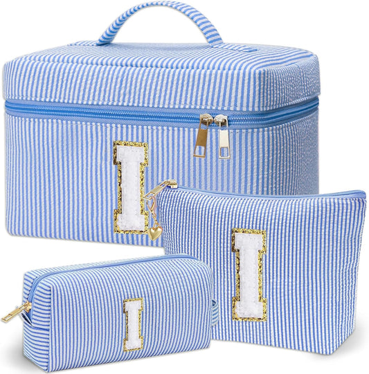 Personalized Monogram Makeup Bag, 3PCS Custom Monogrammed Toiletry Cosmetic Bag for 6-18 Teen Girls Women,Birthday Graduation Gifts Initial Pouch Makeup Bags for Women Girls, Make Up Bag (I, Blue)