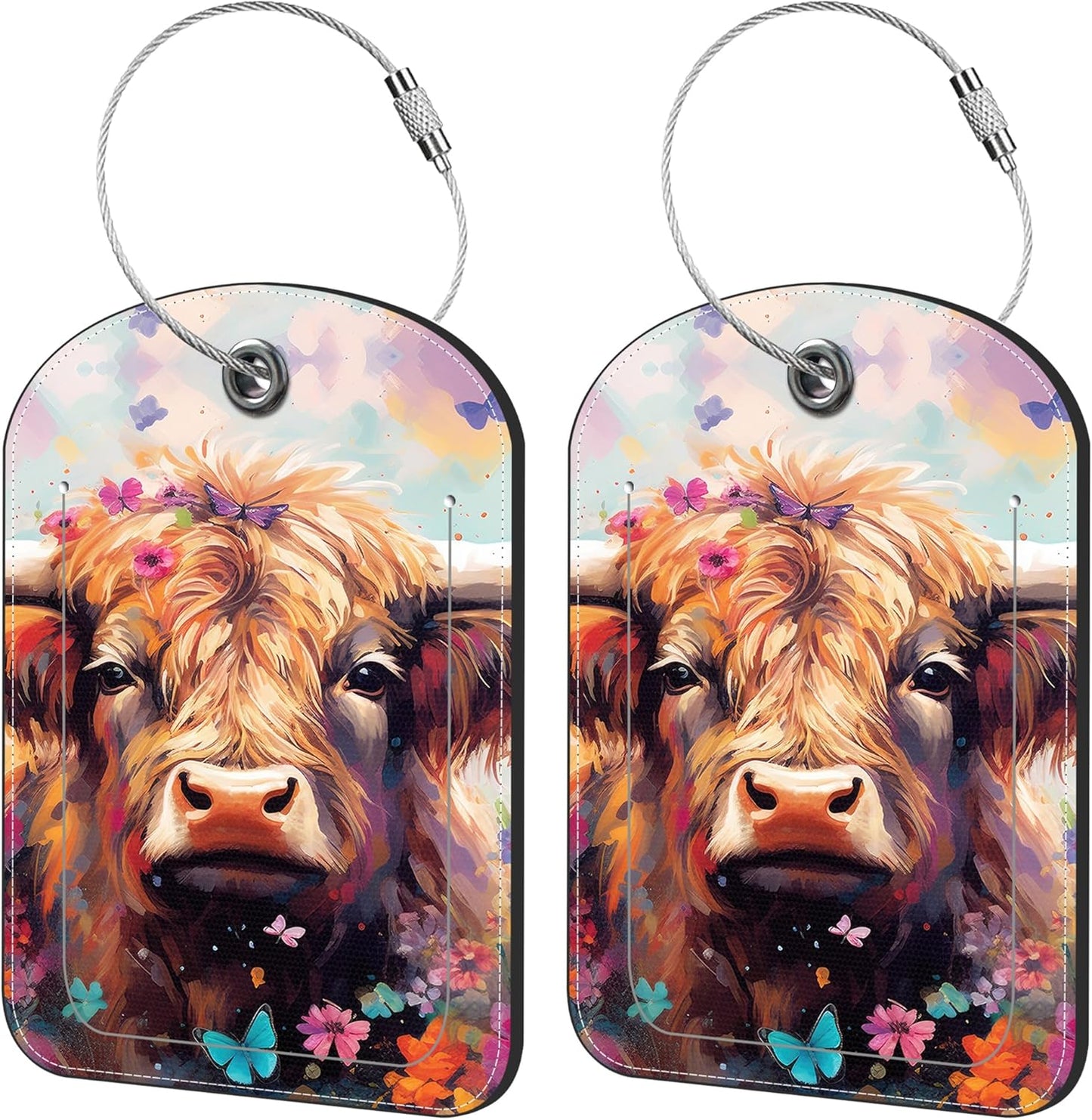 2 Pack Cute Luggage Tag for Suitcases Red Cow Leather Luggage Tags with Stainless Steel Loop Privacy Flap Name Tags,Men and Women Travel Bag Suitcase Tags