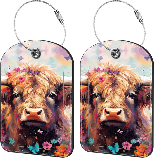 2 Pack Cute Luggage Tag for Suitcases Red Cow Leather Luggage Tags with Stainless Steel Loop Privacy Flap Name Tags,Men and Women Travel Bag Suitcase Tags
