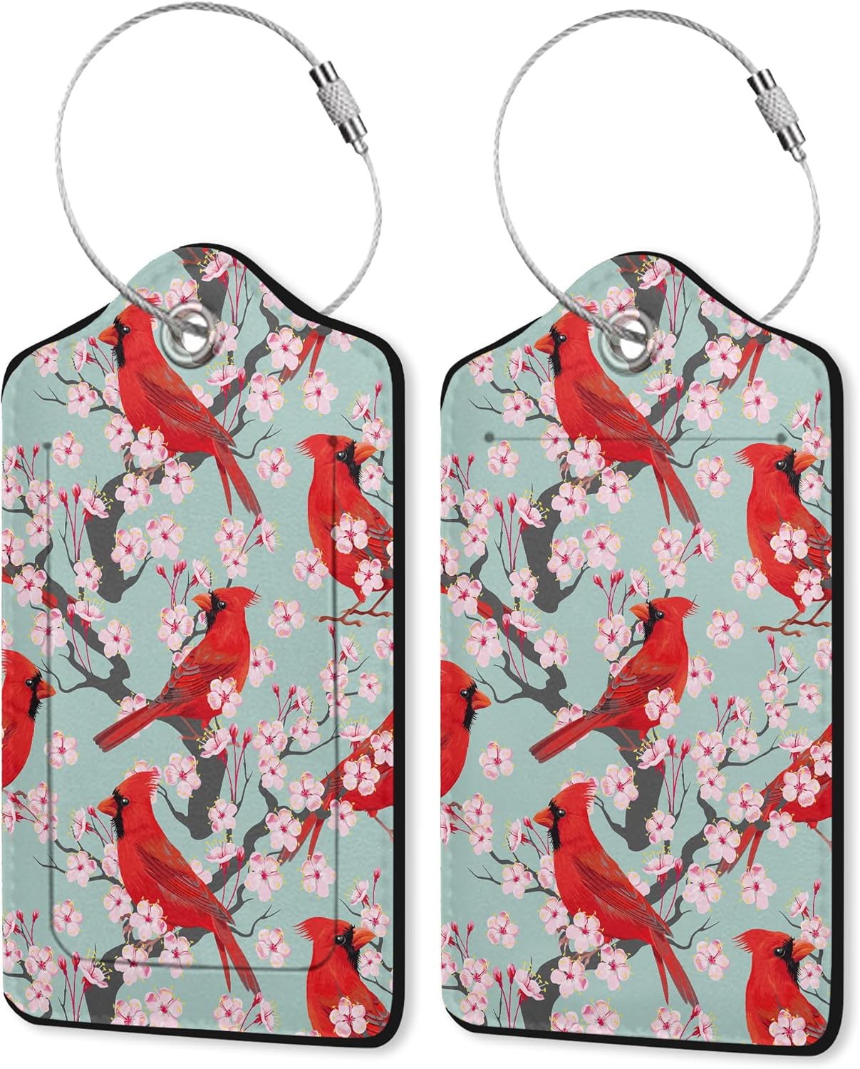 2 Pack Leather Luggage Tag for Suitcase Red Bird Blossom Winter Unique Travel Tags with Privacy Cover ID Label & Stainless Steel Loop for Men and Women Baggage