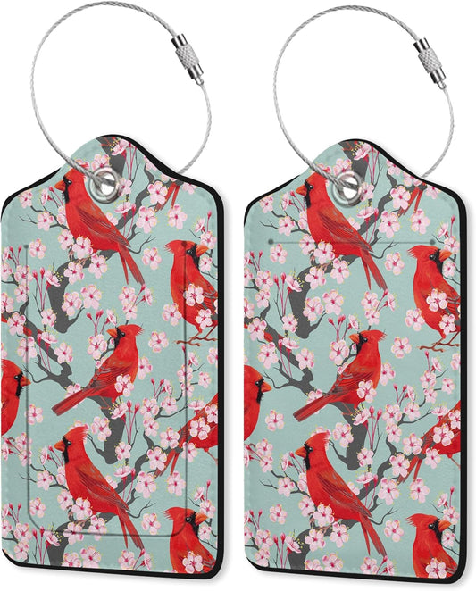 2 Pack Leather Luggage Tag for Suitcase Red Bird Blossom Winter Unique Travel Tags with Privacy Cover ID Label & Stainless Steel Loop for Men and Women Baggage
