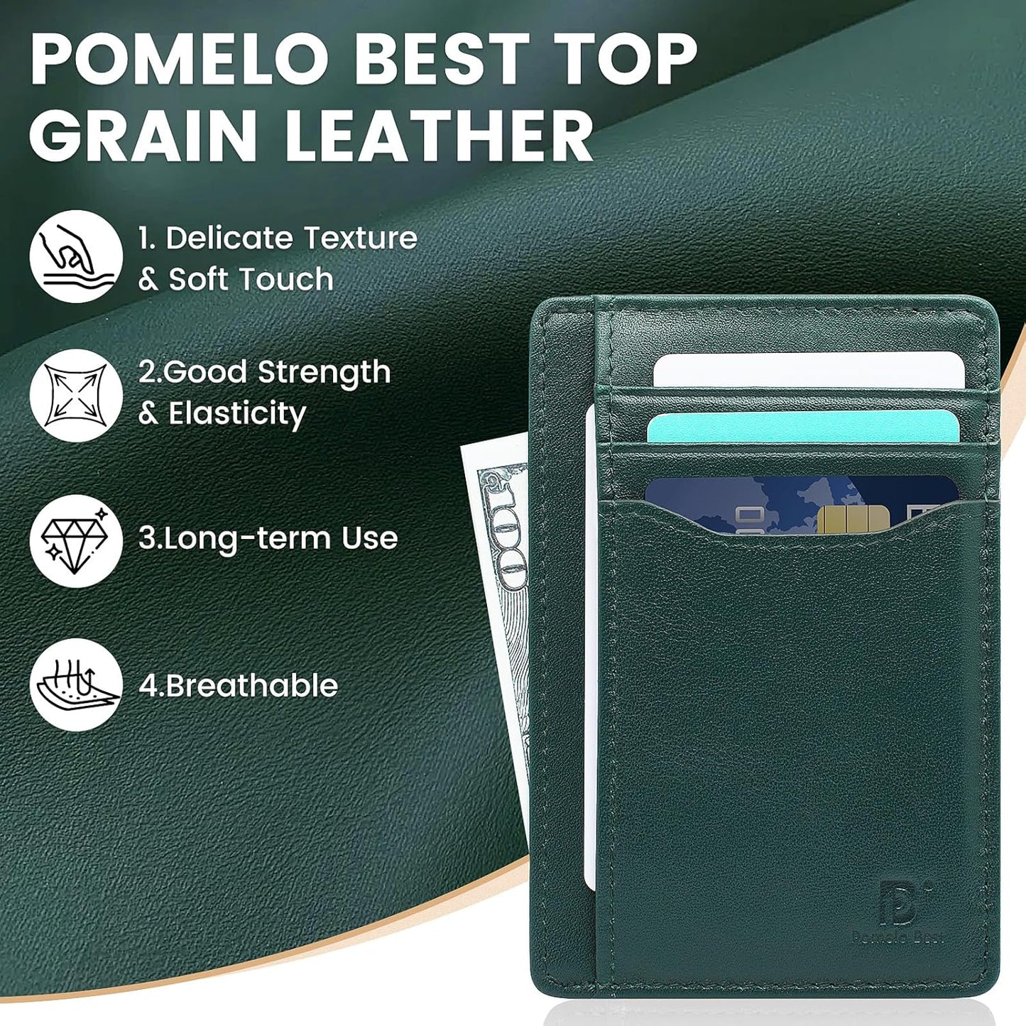 Pomelo Best Top Grain Genuine Leather Wallet for Men and Women, Slim Minimalist Front Pocket RFID