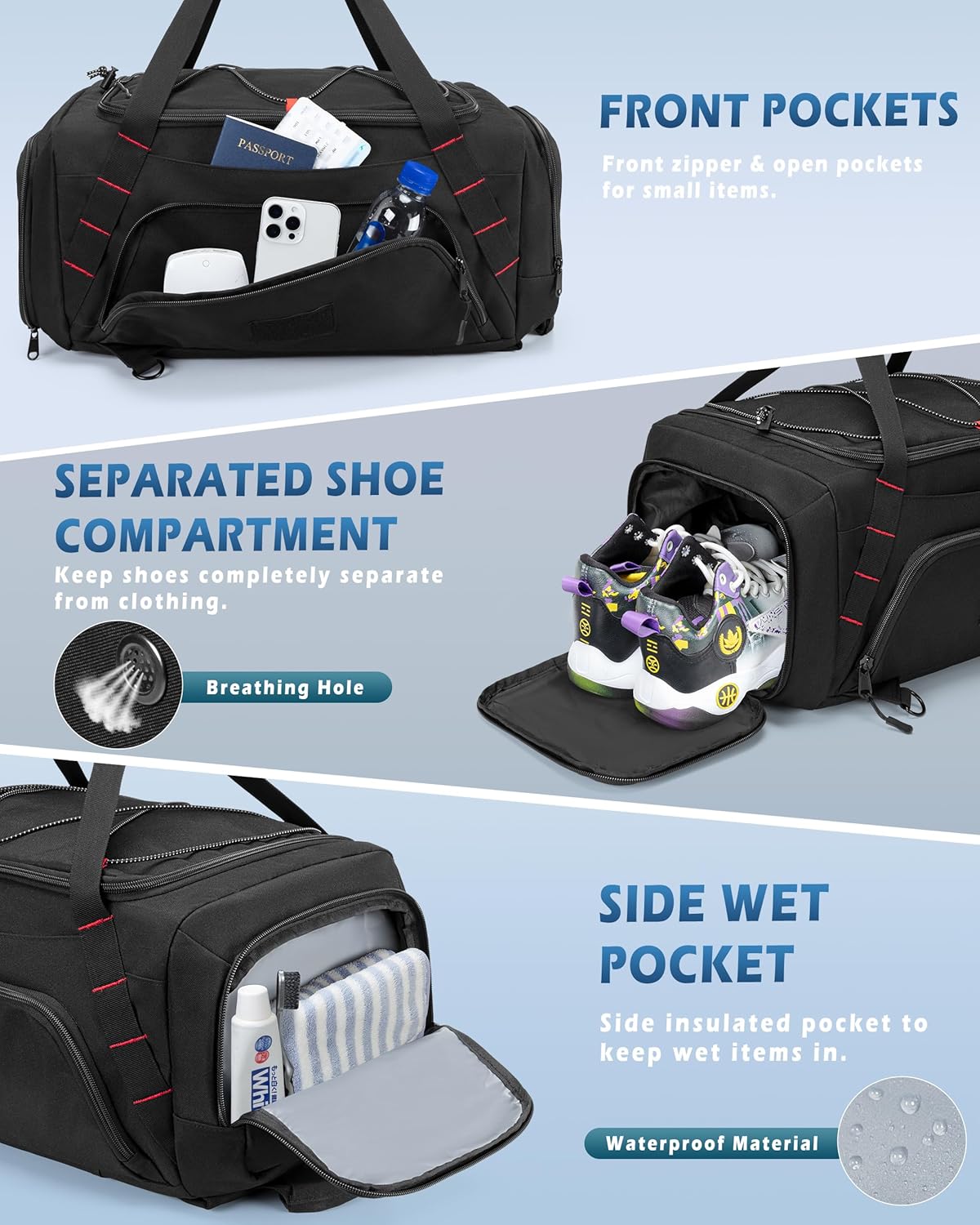 26L Gym Duffle Bag with Backpack Straps, Shoe Compartment and Wet Pocket, Small Duffle Bag for Travel and Sports, Black