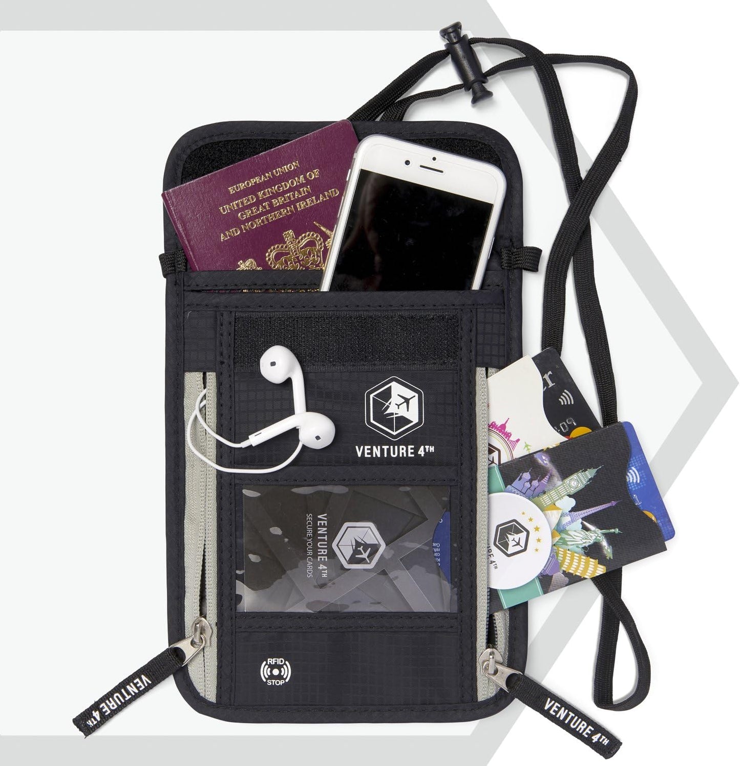 VENTURE 4TH Neck Wallet, RFID Blocking Passport Holder for Travel – Hidden Neck Pouch with 6 Compartments, Slim Lightweight Organizer with Adjustable Strap for Cash, Cards & Passport (Black)