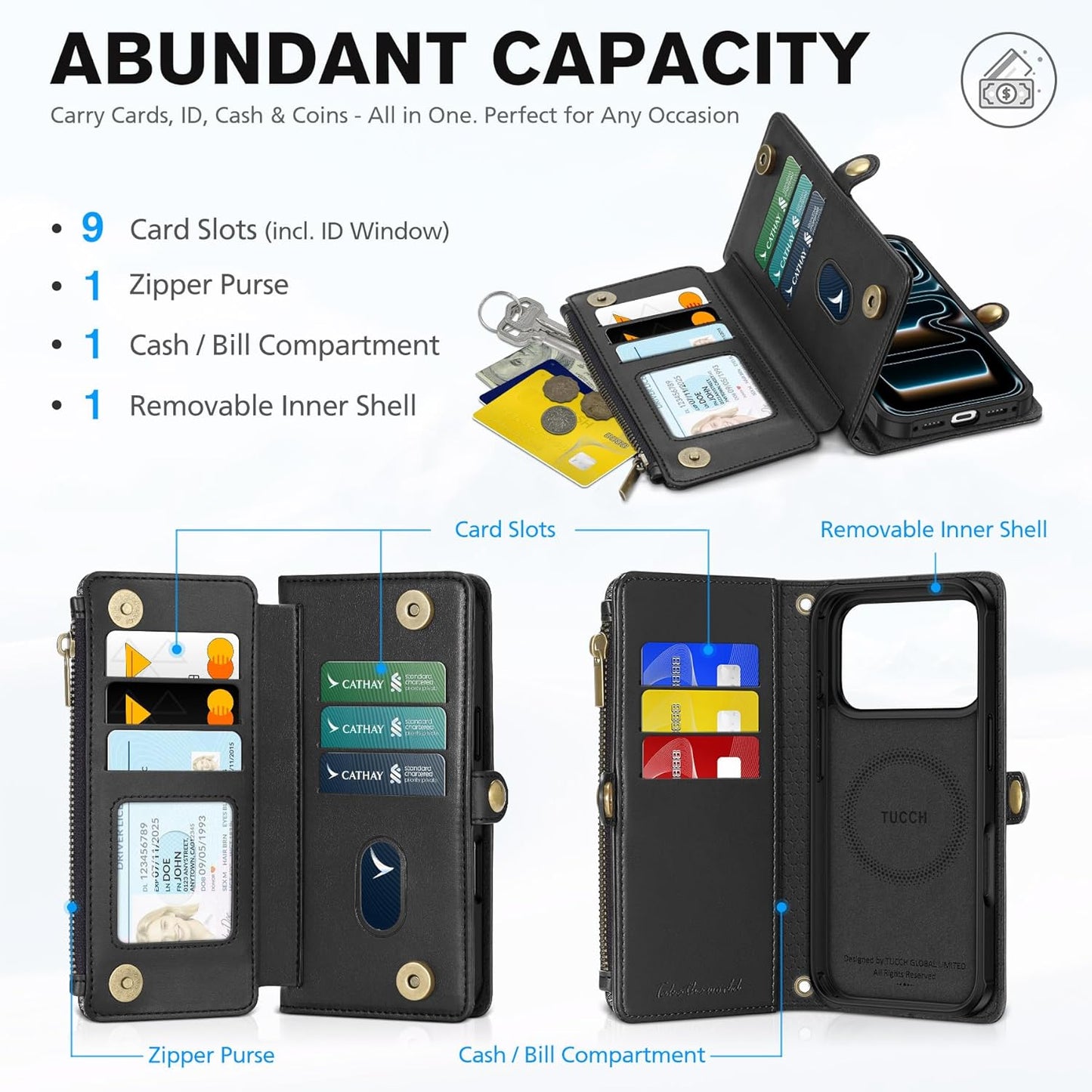 TUCCH Crossbody Detachable Wallet Case for iPhone 17 Pro 6.3" 2025, 9 Card Slots RFID Blocking | Wireless Charging | Wrist Strap | Lanyard | Stand | Zipper Pocket | PU Leather Shockproof Cover | Black
