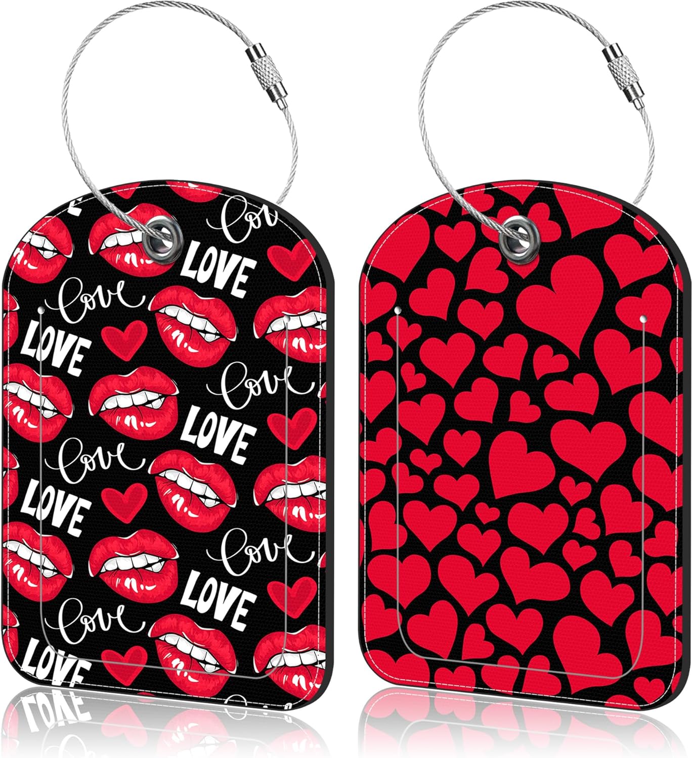 2 PCS Leather Luggage Tag for Suitcase Red Lips and Hearts Travel Suitcase Labels with Privacy Name ID Label and Stainless Steel Loop for Adults Teens Travel Bag Labels Set