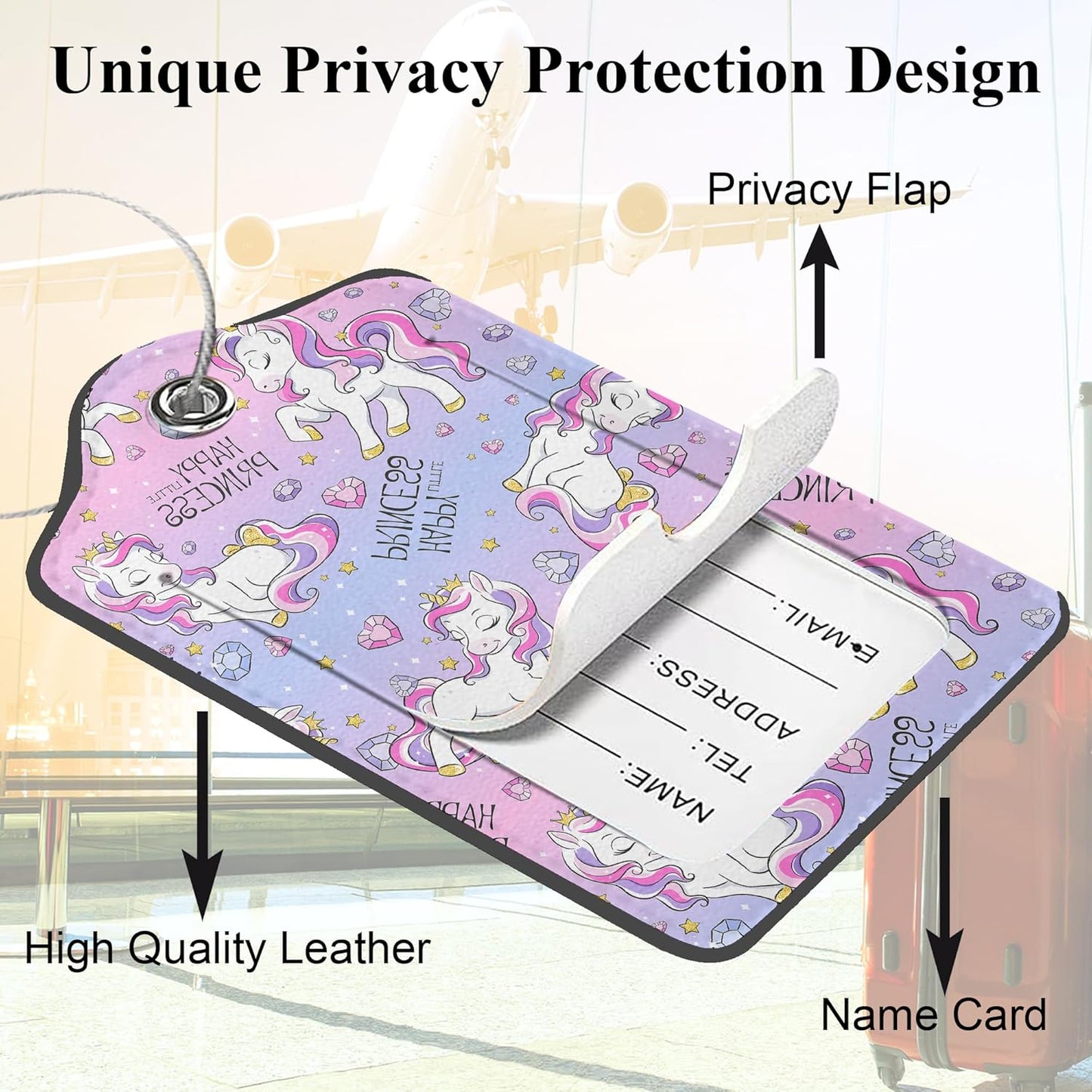 Art Watercolor Unicorns 2 Pack PU Leather Luggage Tags with Stainless Steel Loop, Funny Travel Labels with Privacy Cover ID Label for Quick Spotting