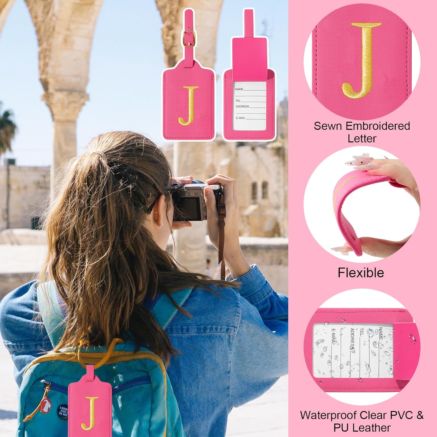 Personalized Initial Luggage Tags for Suitcases, Cute PU Leather Embroidered Letter Travel Luggage