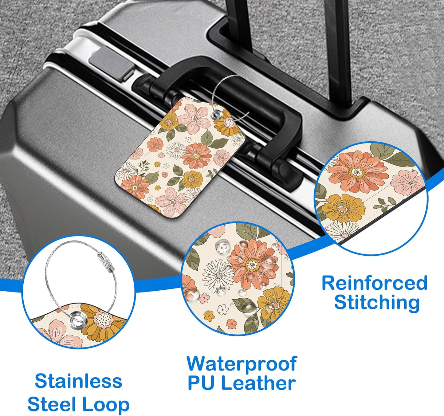 2 Pcs Luggage Tags for Suitcases, Retro Groovy Boho Flower Leather Bag Tags for Luggage Privacy Cover Name ID Label with Stainless Steel Loop Cruise Airport Travel Essentials