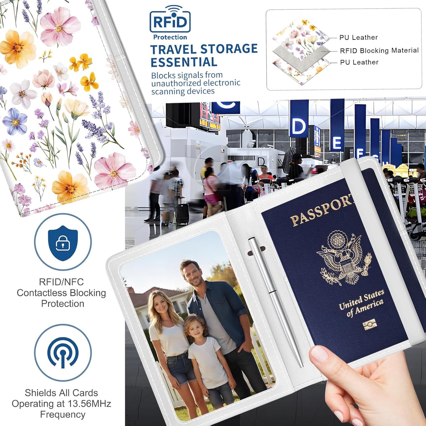 Passport Holder for Travel Essentials, Leather RFID Blocking Passport Wallet Cover Case, Cute Passport Book Holders for Women and Men Boho Colorful Flowers