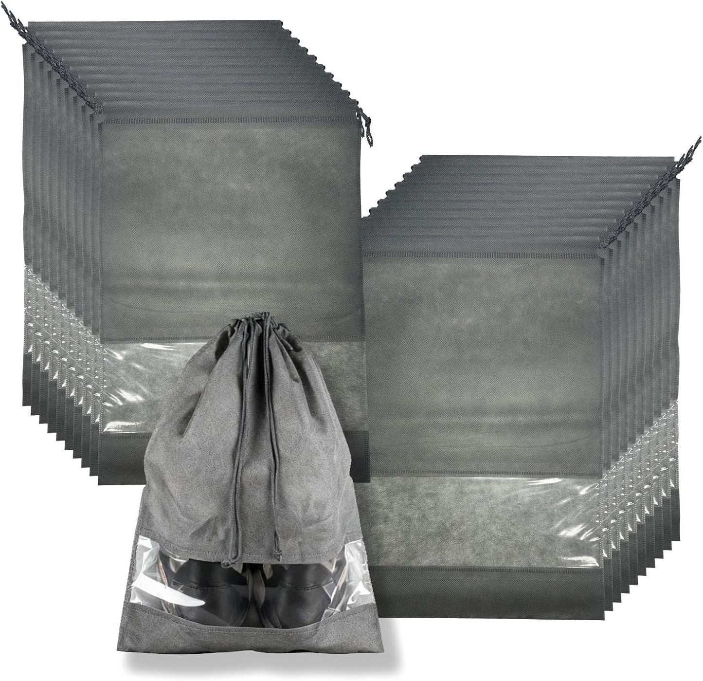 20 Pack Shoe Bags for Travel, 17" x 12.6" Drawstring Shoe Organizers with Clear Window, Breathable Non-Woven Dustproof Pouches for Luggage & Closet (Gray)
