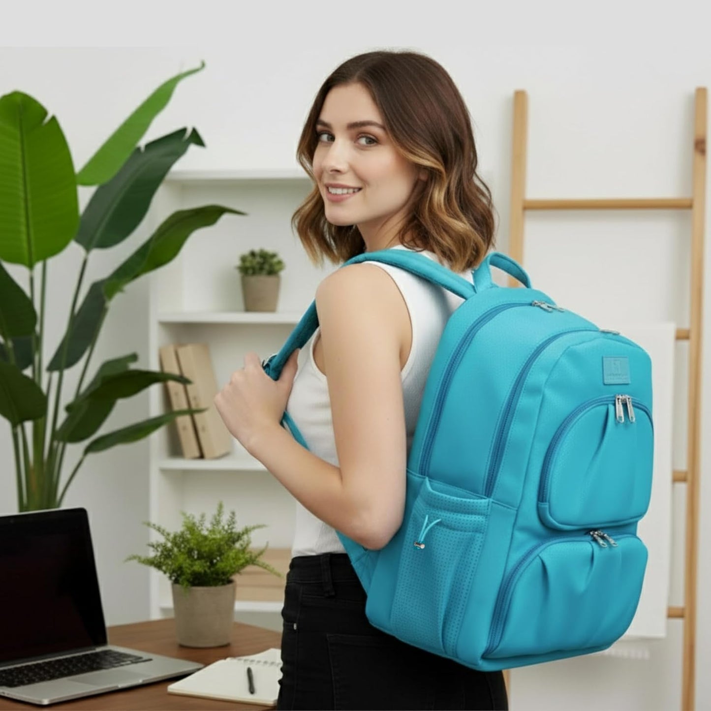 Alira Women’s Neoprene Laptop Backpack Set with Cooler Compartment & Coordinating Belt Bag, Premium Work Travel Backpack Fits 17” Laptop, Durable Large Bag for Office, Gym & Mom Life (Blue)